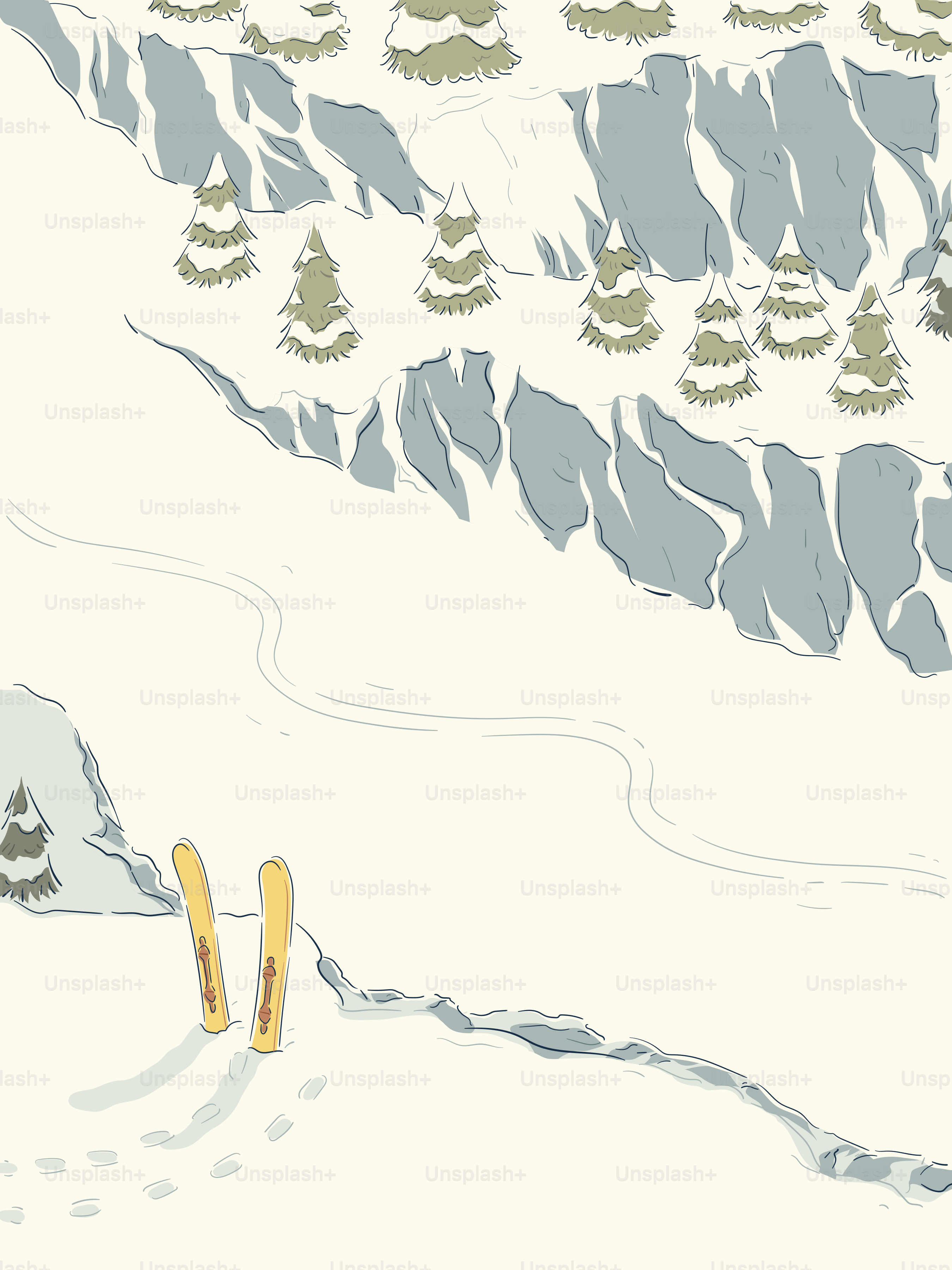 Skis stand in snow near mountain slope with trees.