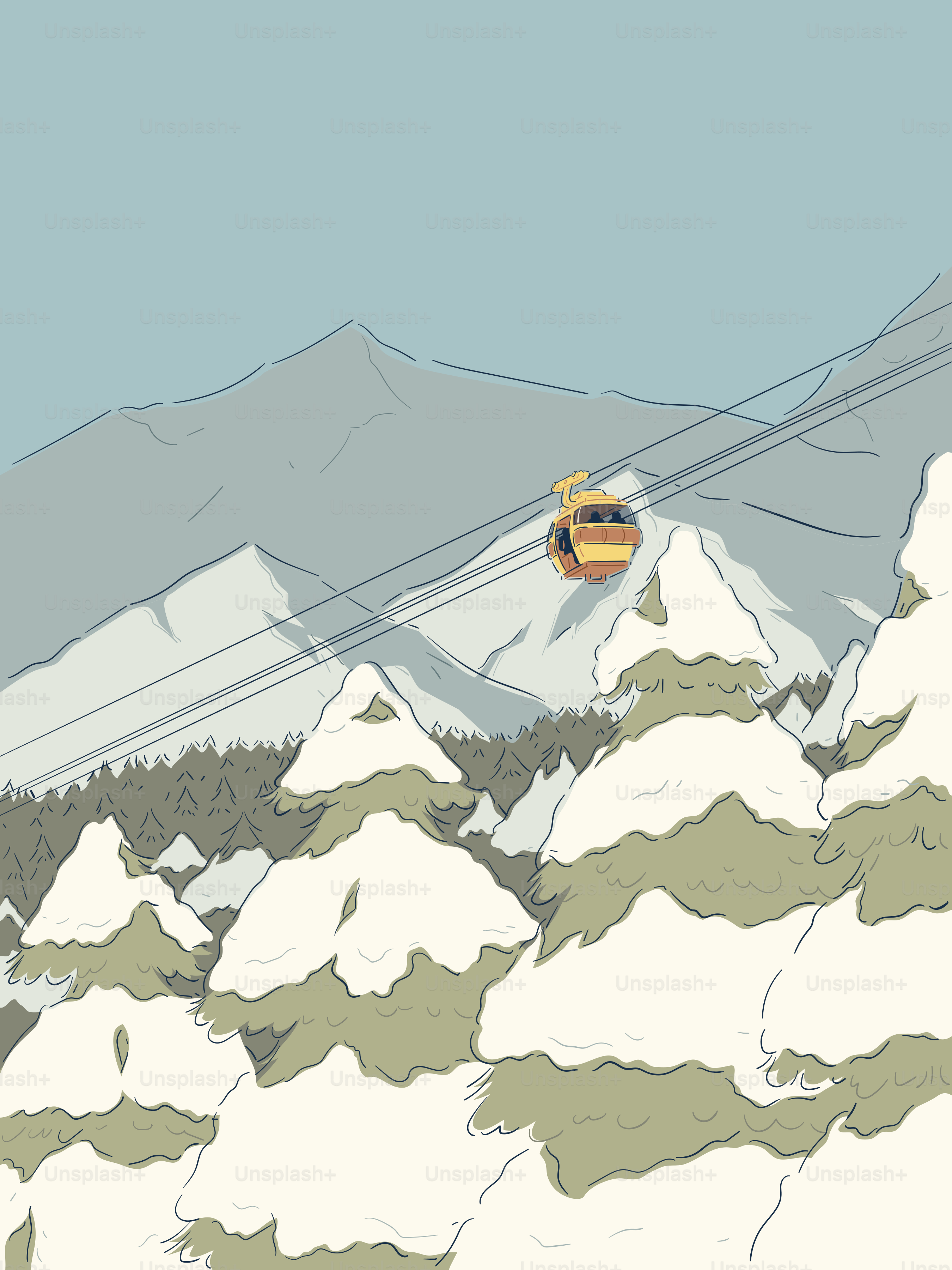 Ski lift ascends snowy mountains with evergreen trees.