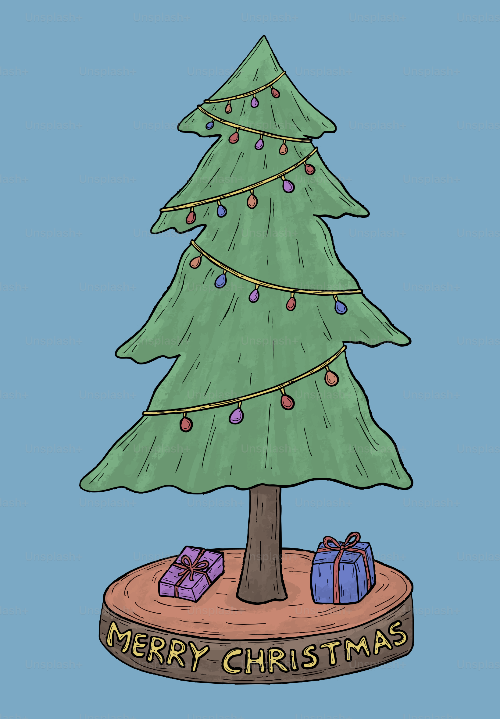 Decorated christmas tree with gifts on blue background.