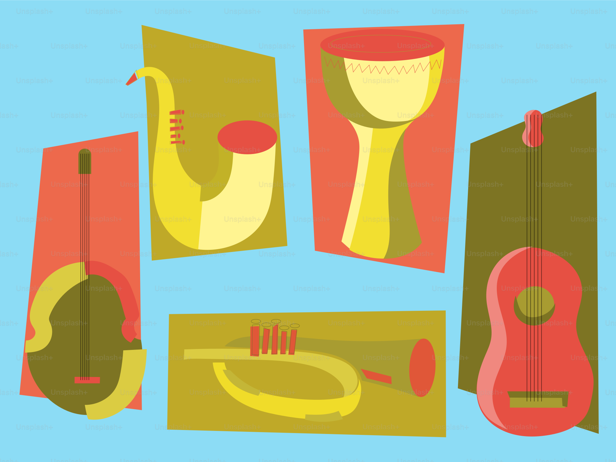 Abstract arrangement of musical instruments on blue background vector ...