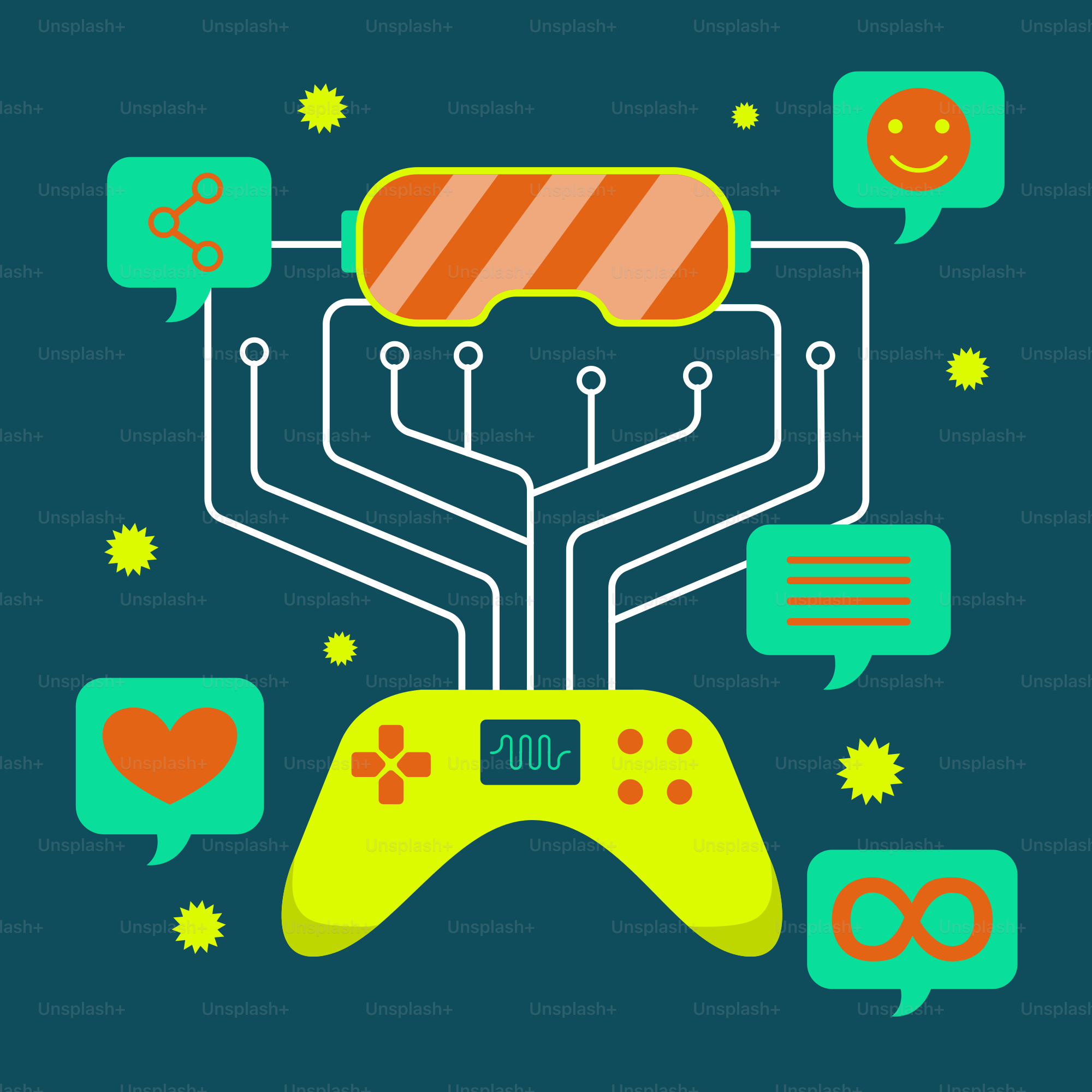 Virtual reality gaming controller with social media icons.