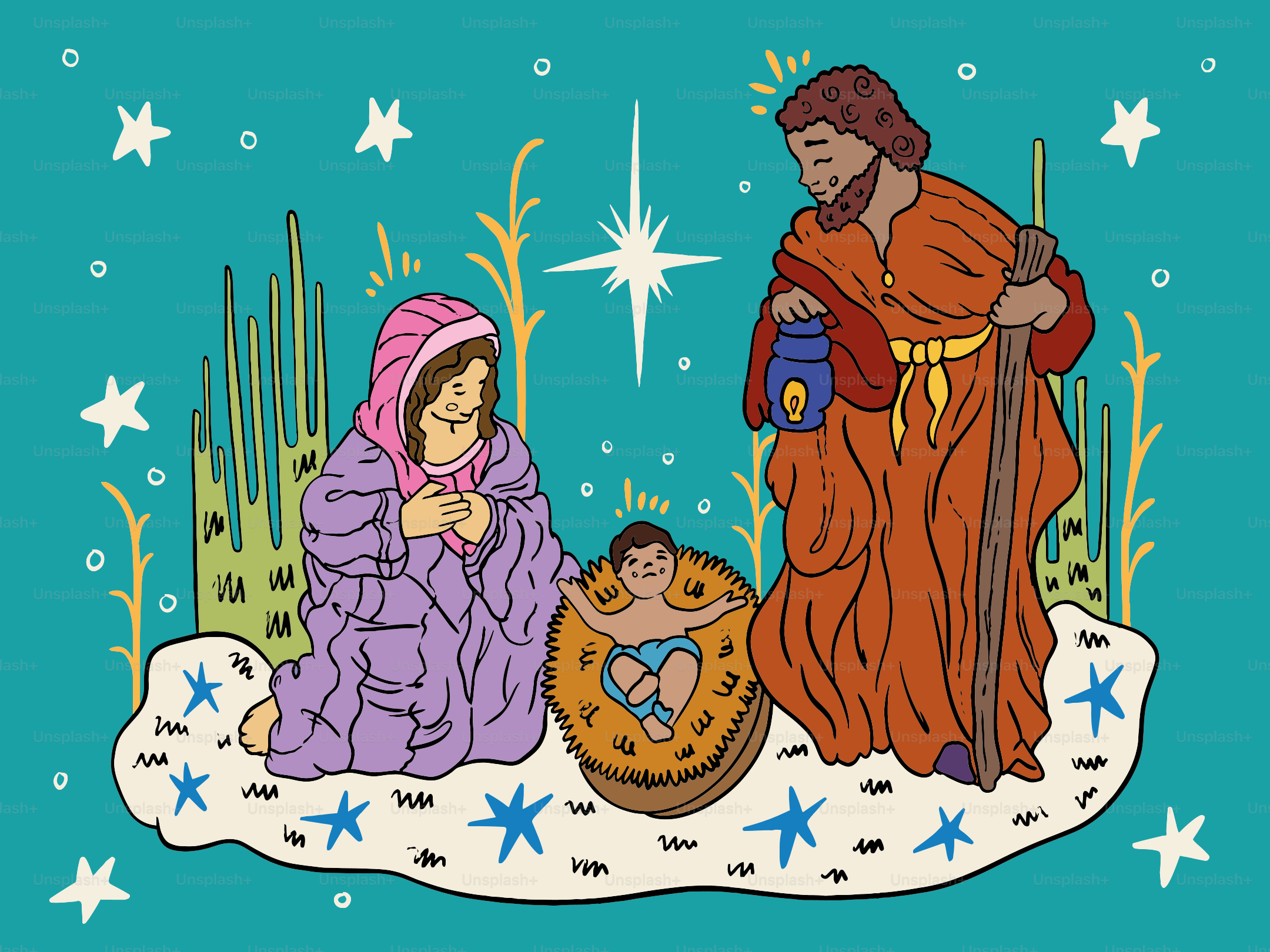 Krippe mit Maria, Josef und dem Jesuskind. Vektor  Bild zum Thema  Weihnachten auf Unsplash