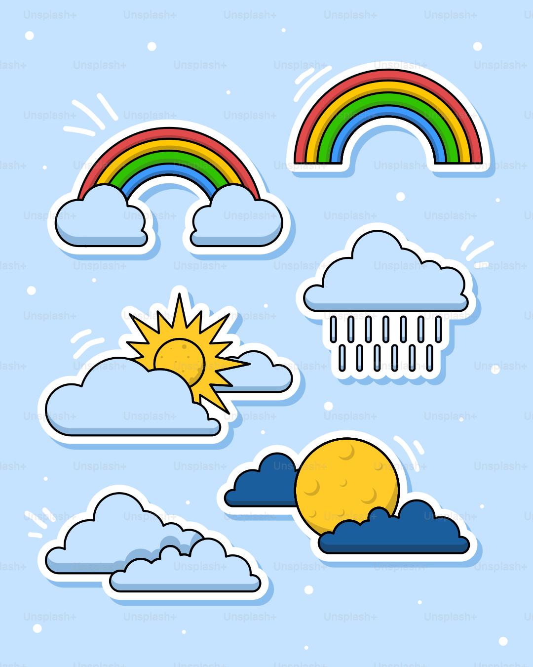 Weather icons: sun, clouds, rain, and rainbows