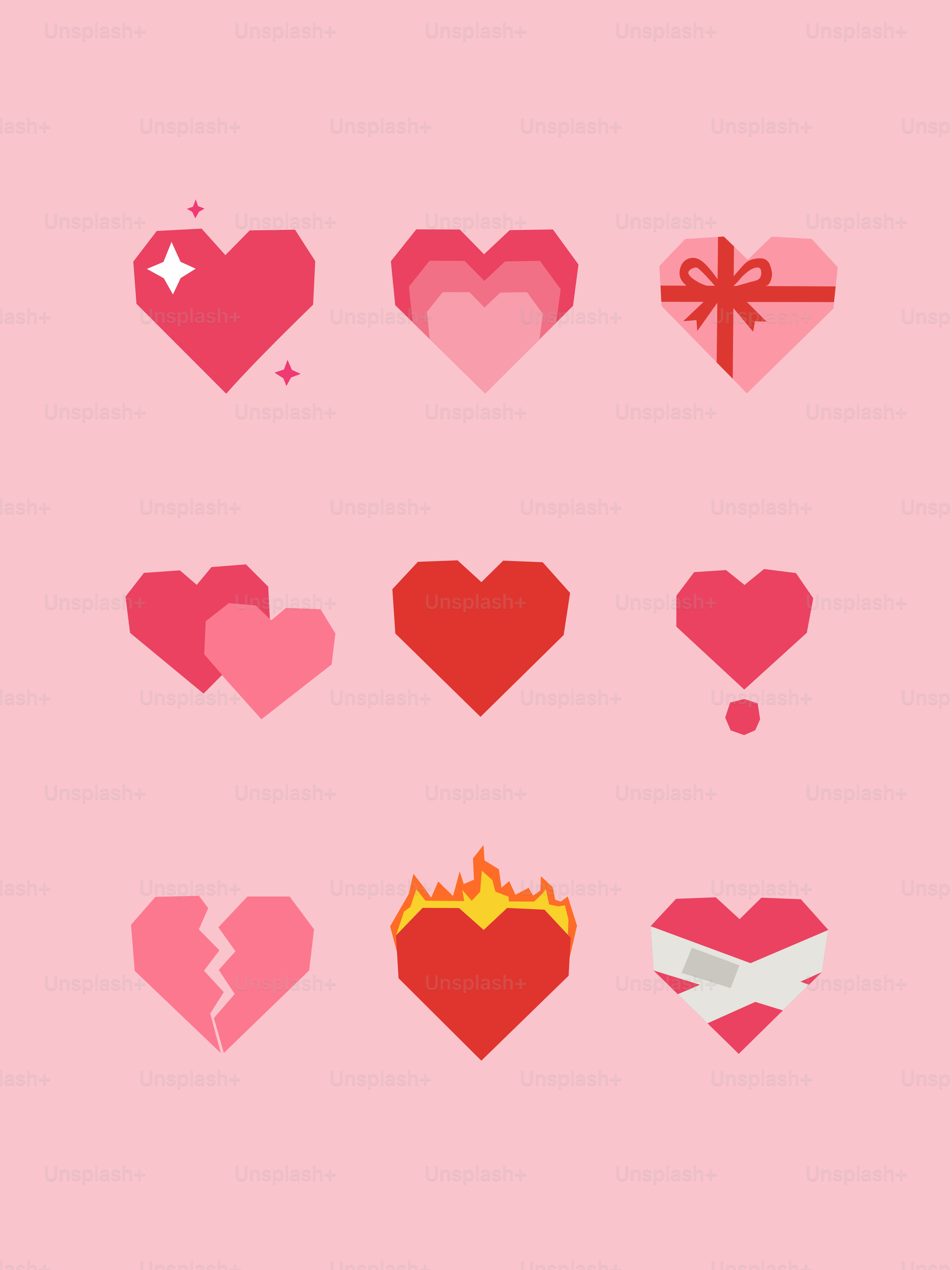 Colección de nueve corazones geométricos sobre fondo rosa