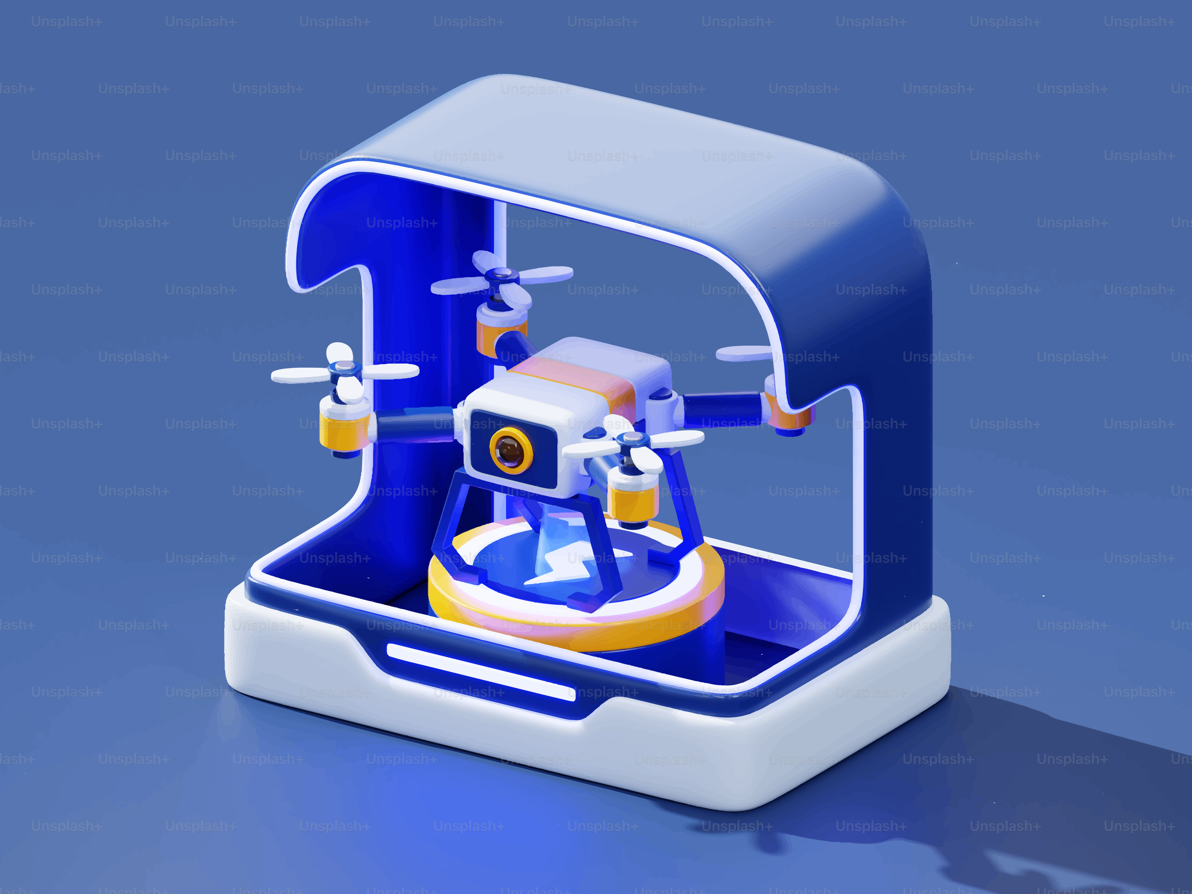 A drone sits on a futuristic charging station.