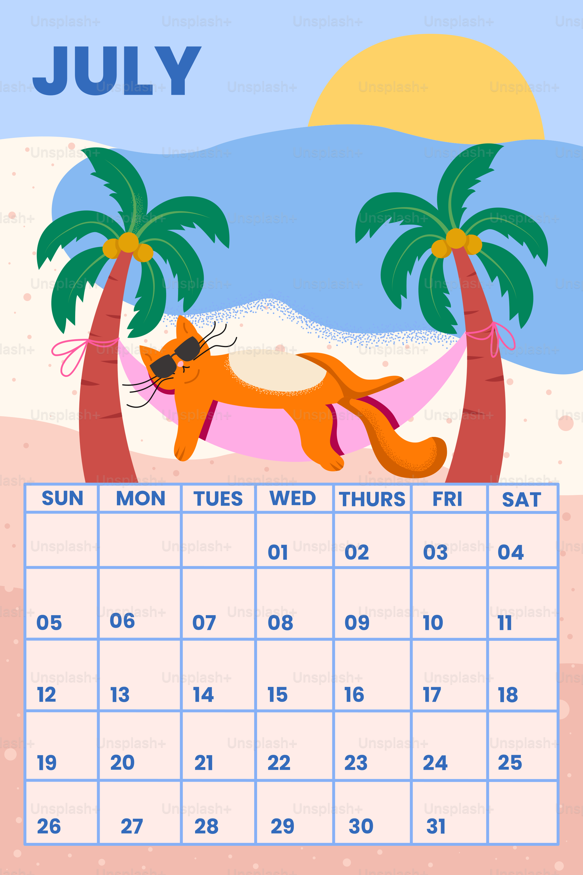 Orange cat relaxes in hammock between palm trees.