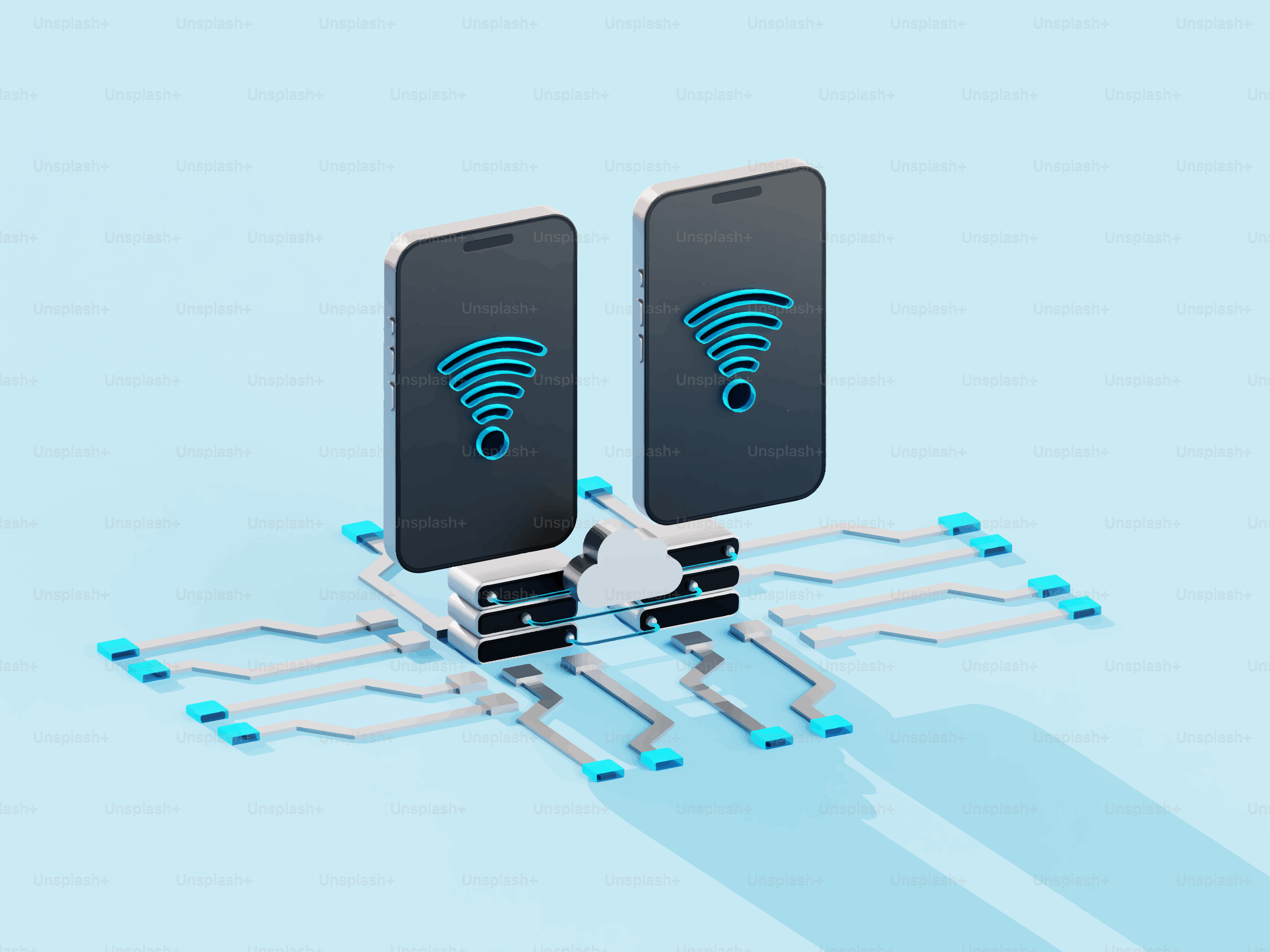 Two smartphones connected to circuit board