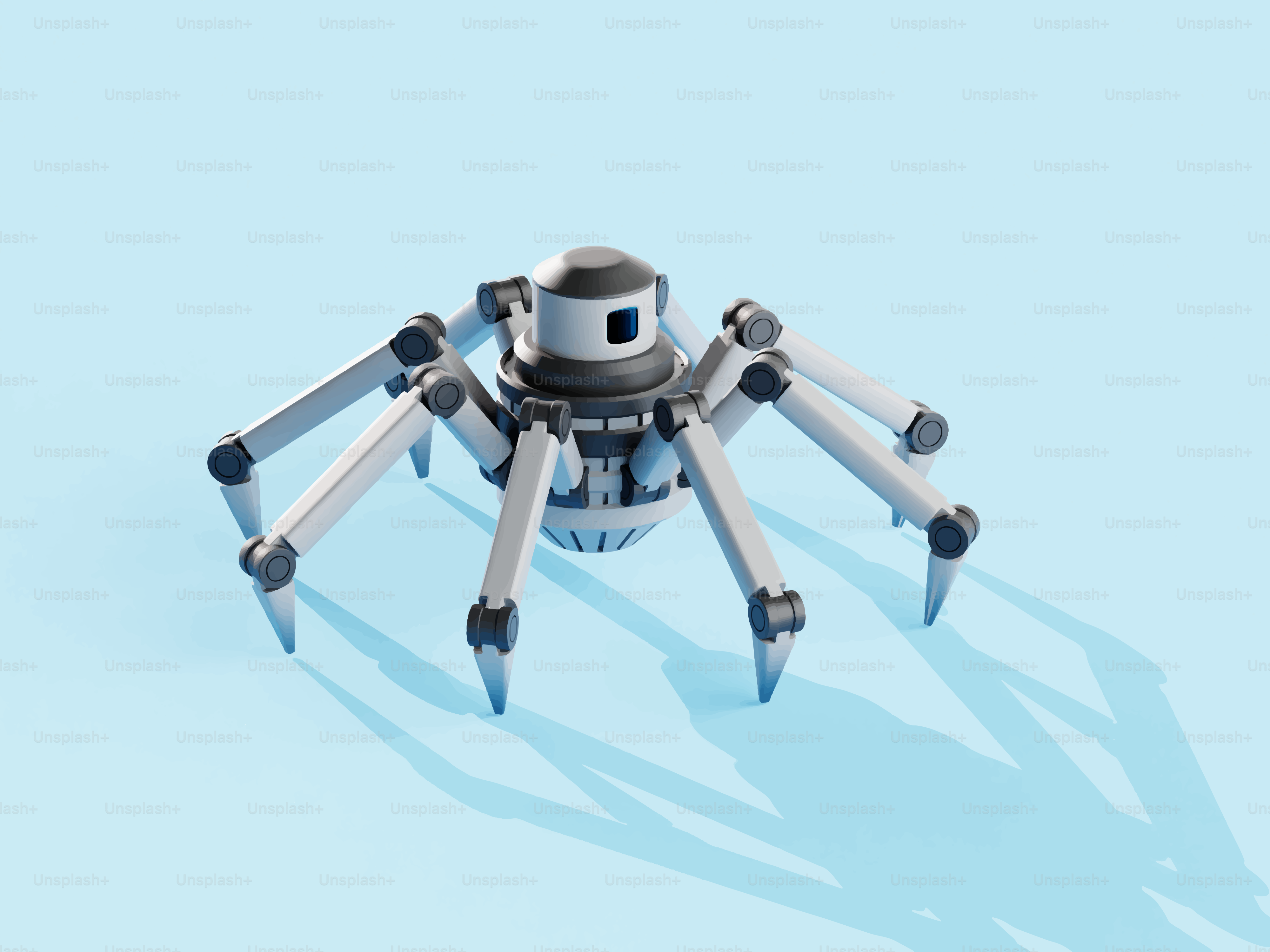 A robotic spider with six legs on a blue background.