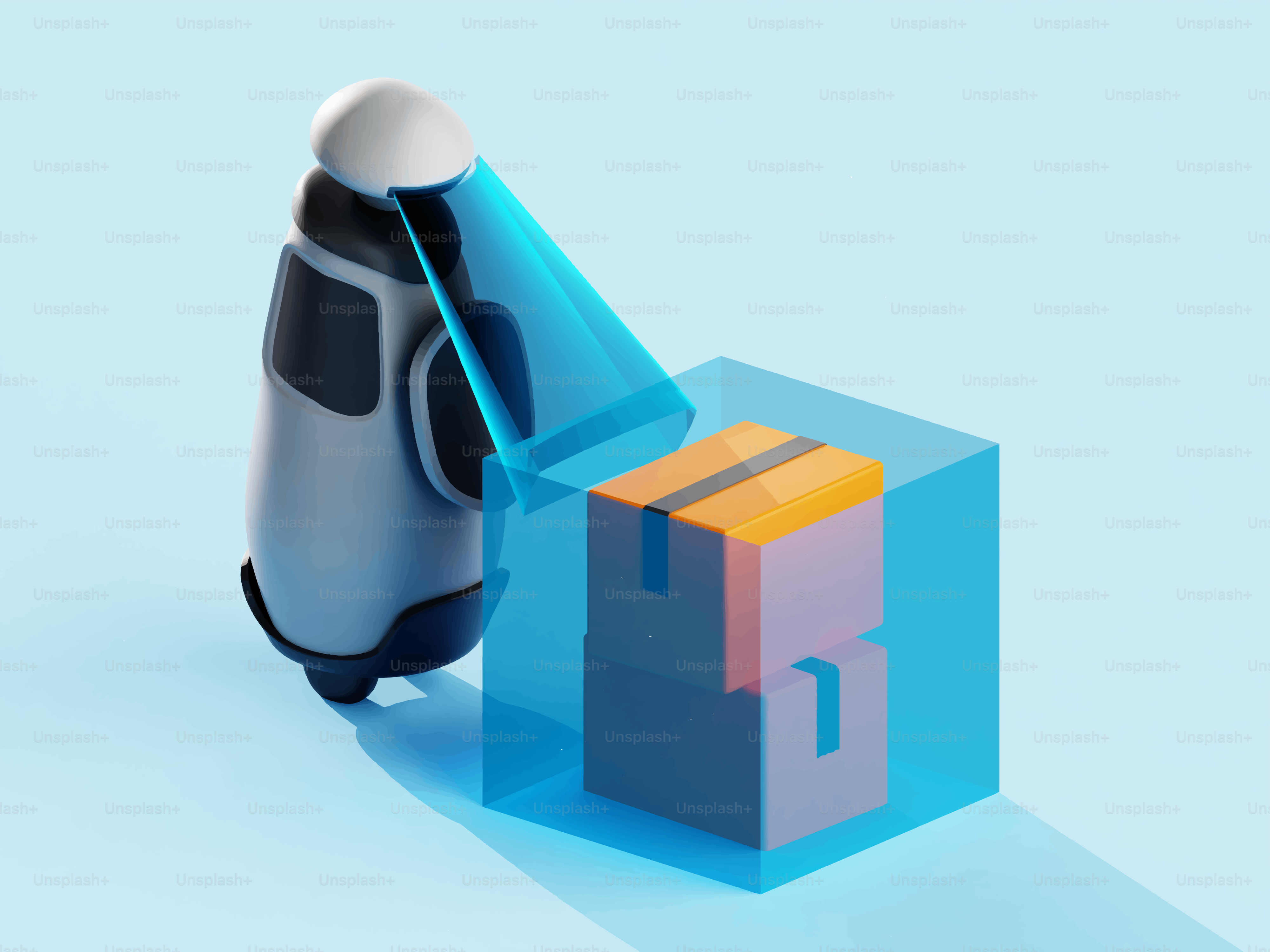 Robot escaneando cajas apiladas dentro de un contenedor azul.