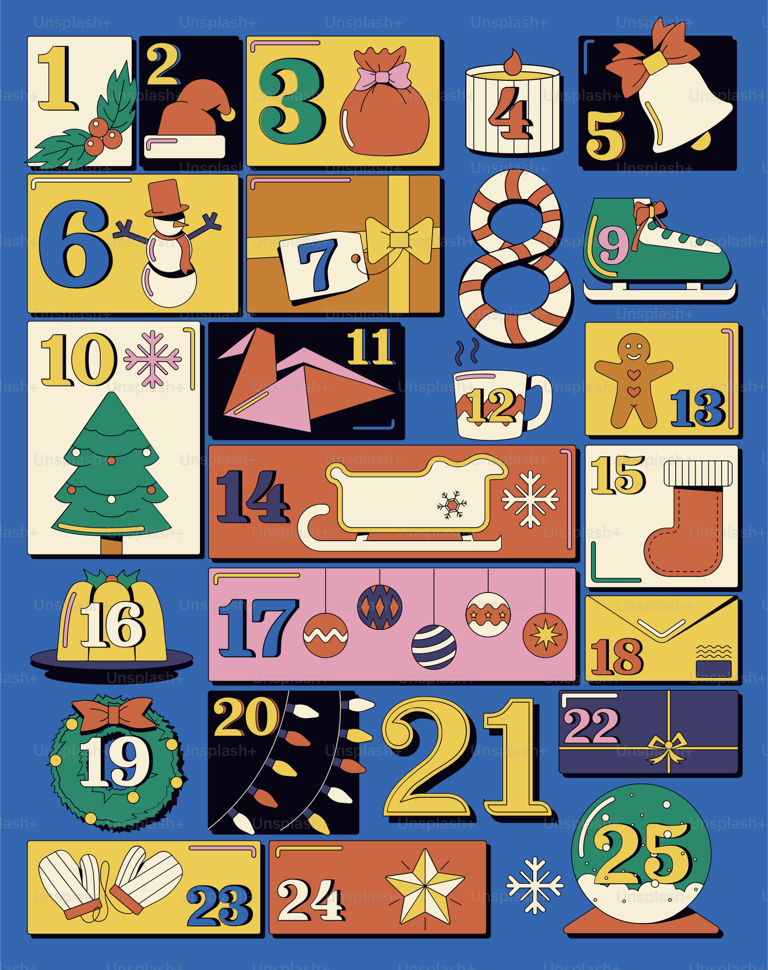 Farbenfroher Weihnachts-Adventskalender mit festlichen Ikonen.