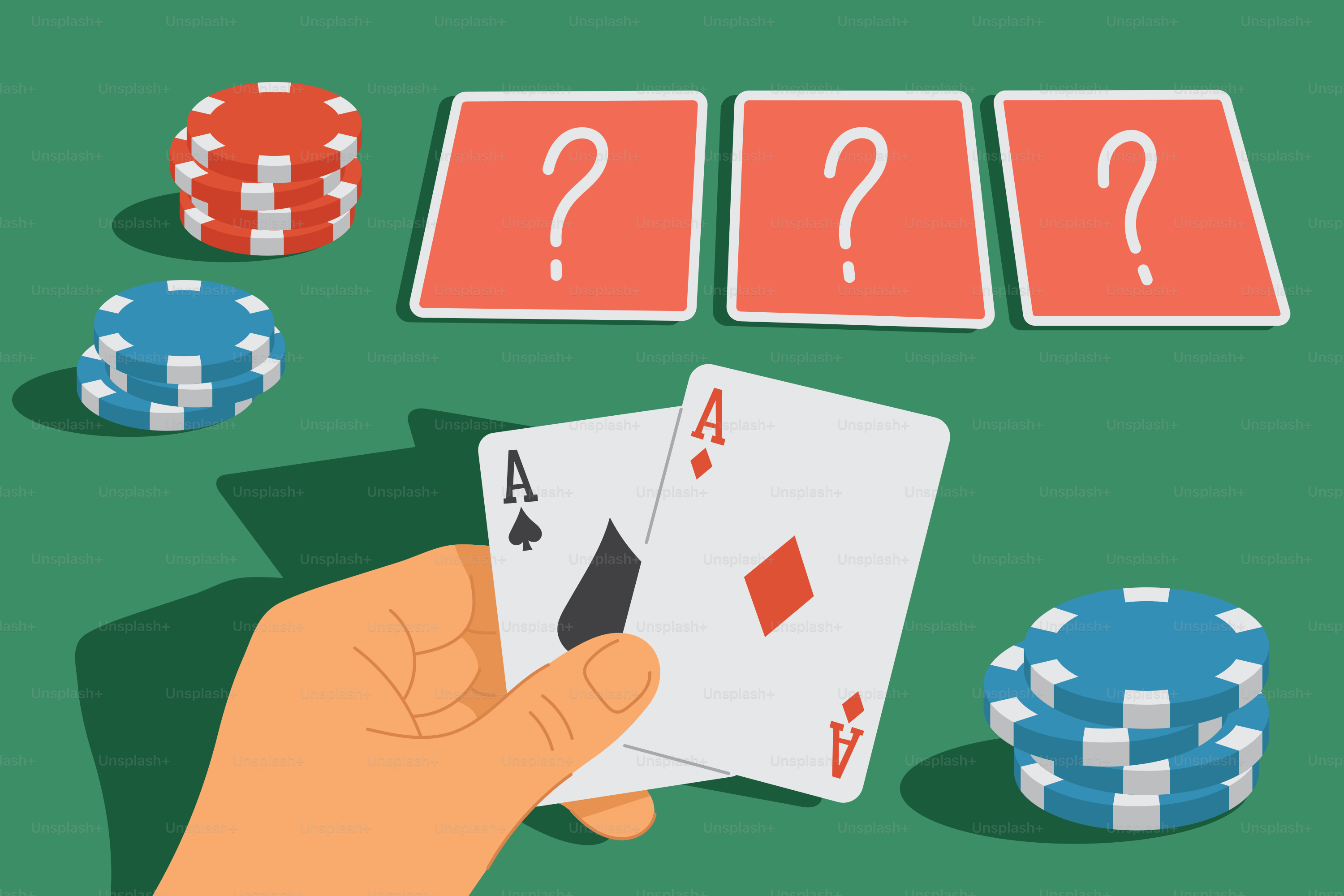 Tangan memegang dua kartu as dengan chip poker dan kartu misteri.