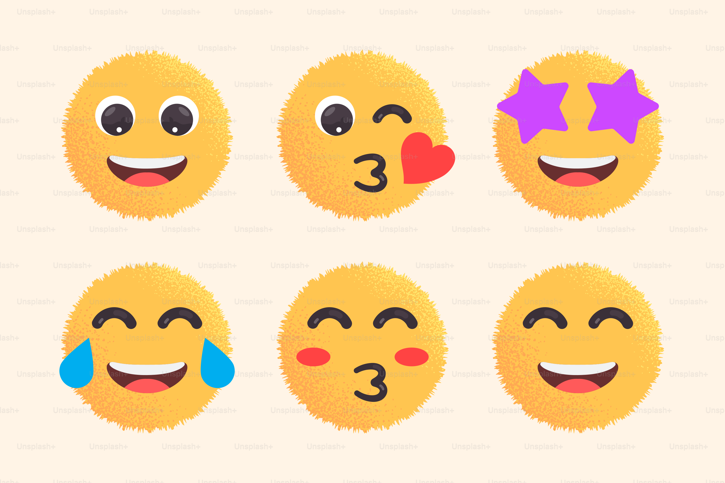 ふわふわした黄色い絵文字が6つ、表情が違う