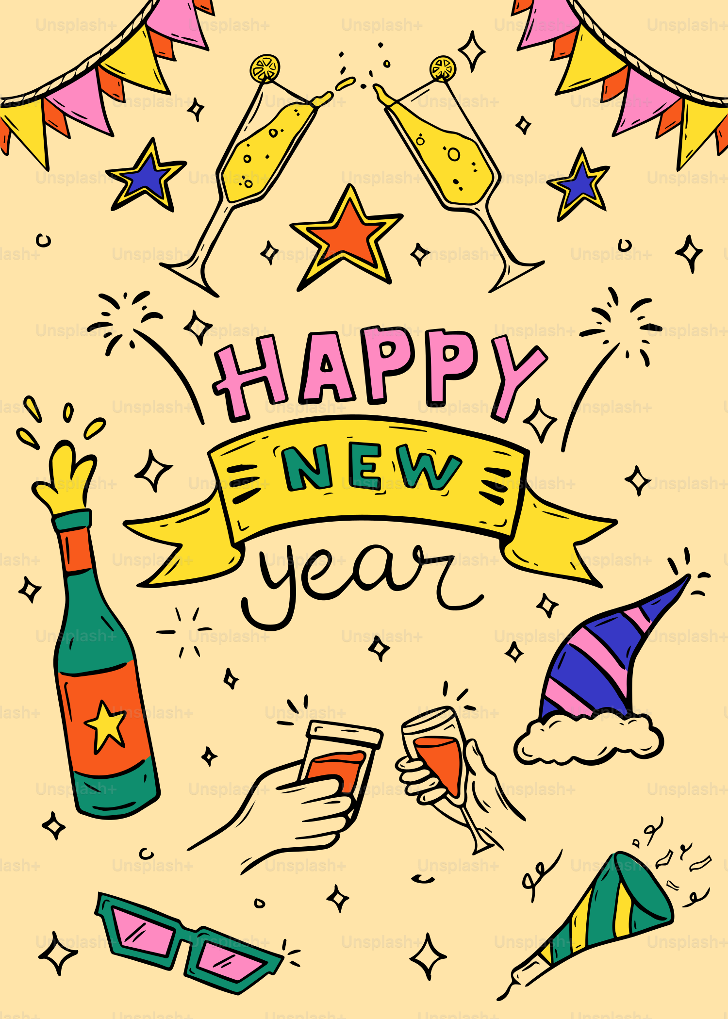 Happy new year celebration with champagne and party items