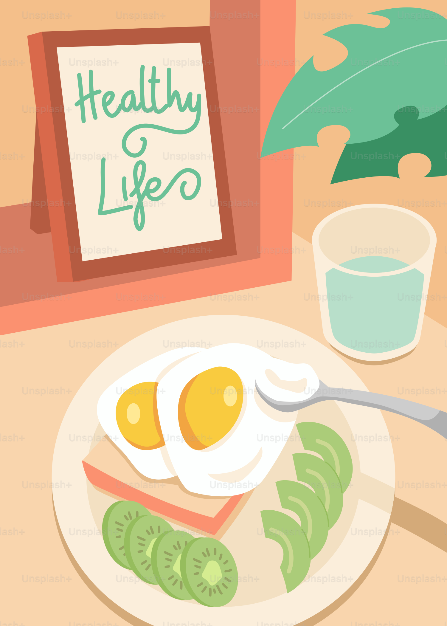 Healthy breakfast with eggs, avocado, and kiwi