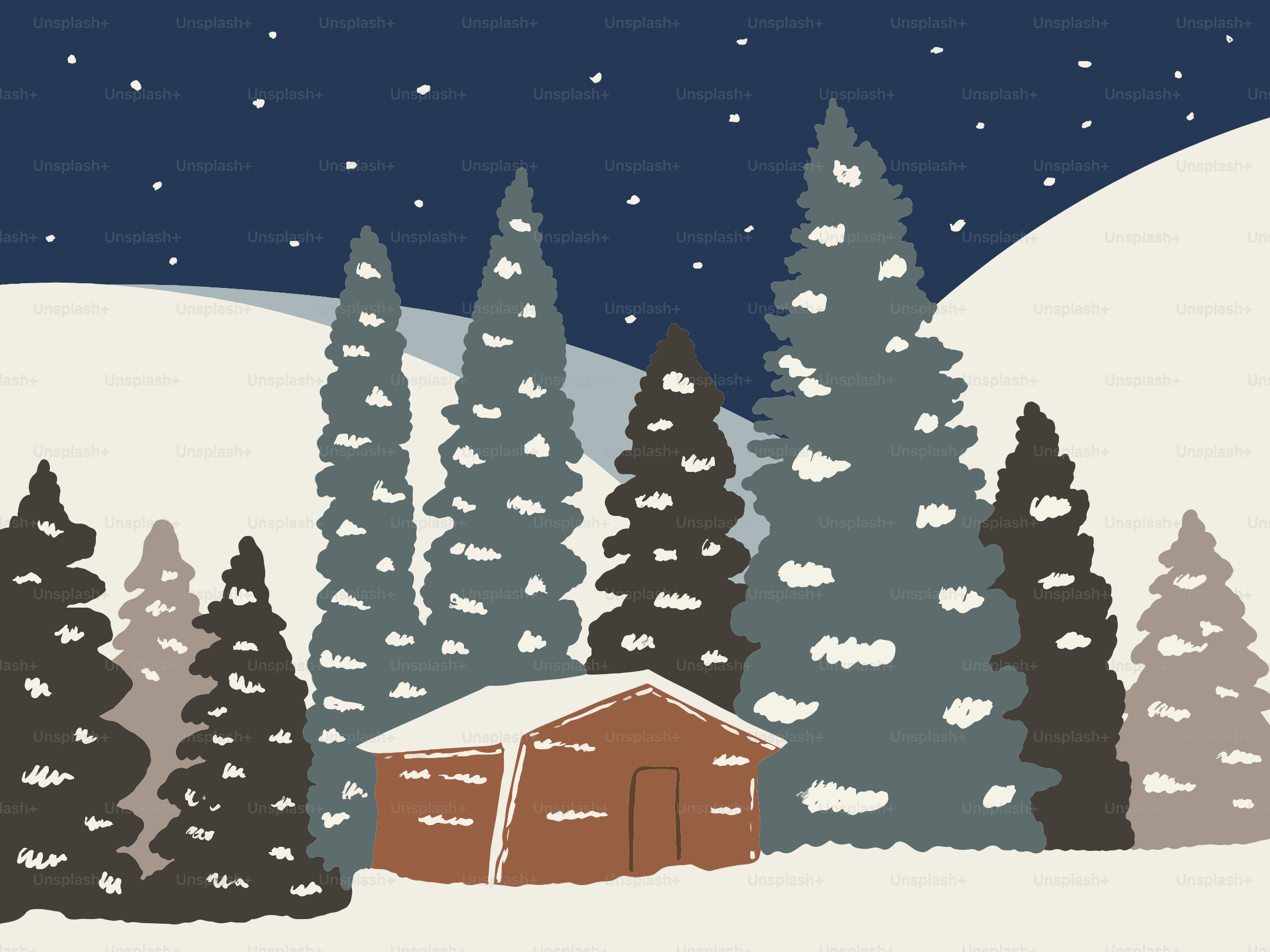 Snowy forest scene with a small cabin at night