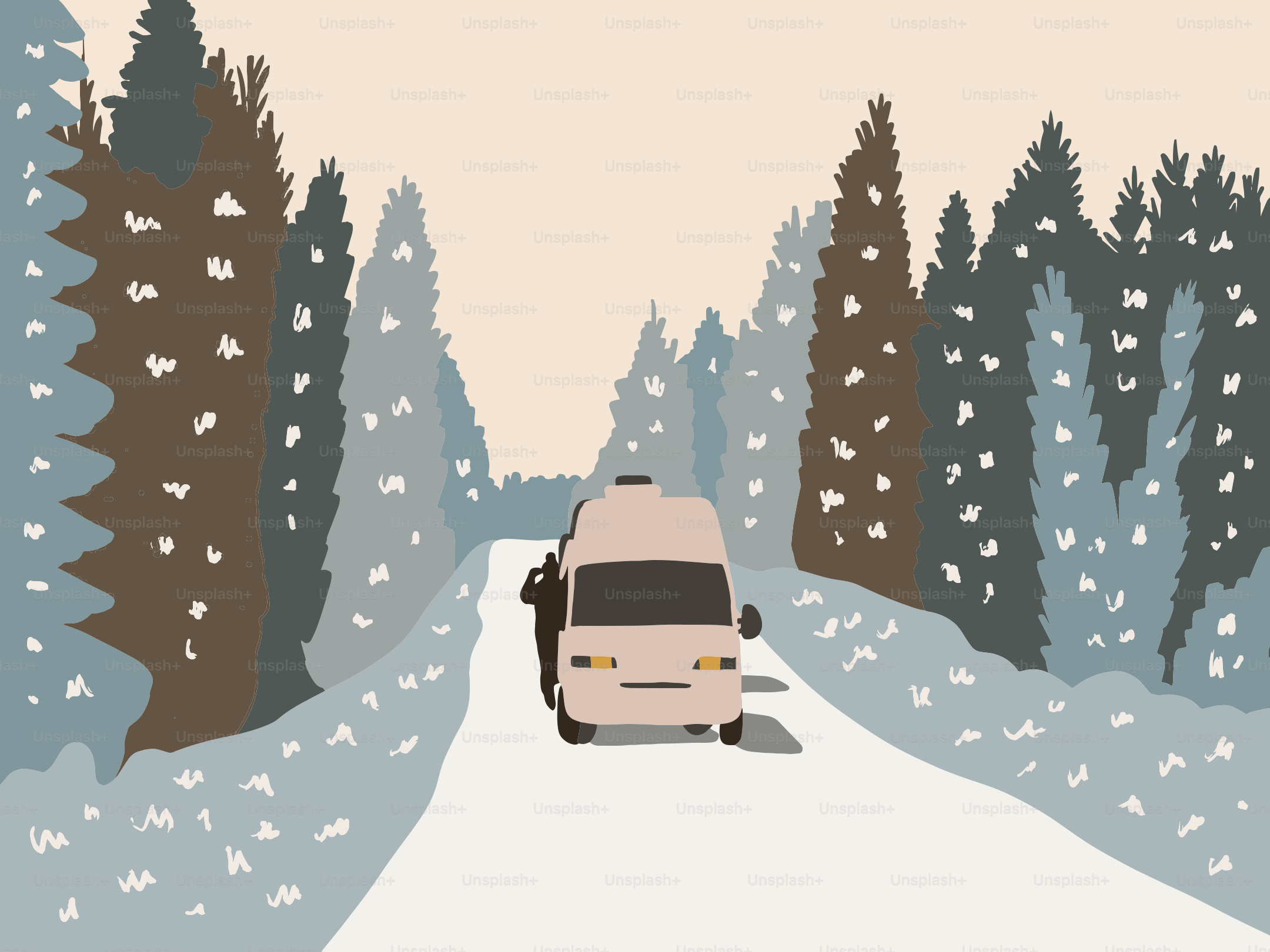 Van driving on a snowy forest road