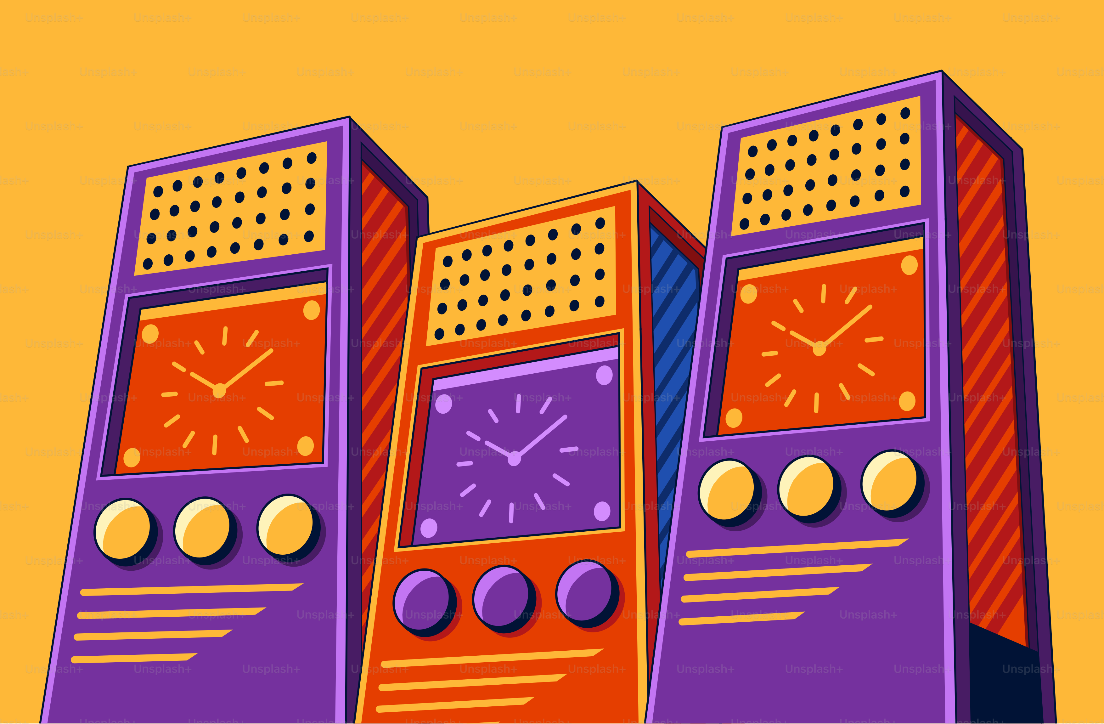 Drei Retro-Arcade-Automaten mit Uhren