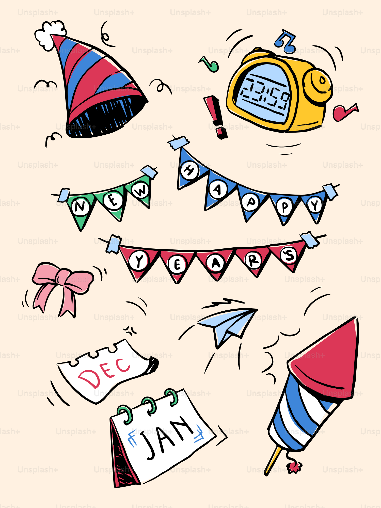 Elementos de celebración de año nuevo con reloj y sombrero de fiesta