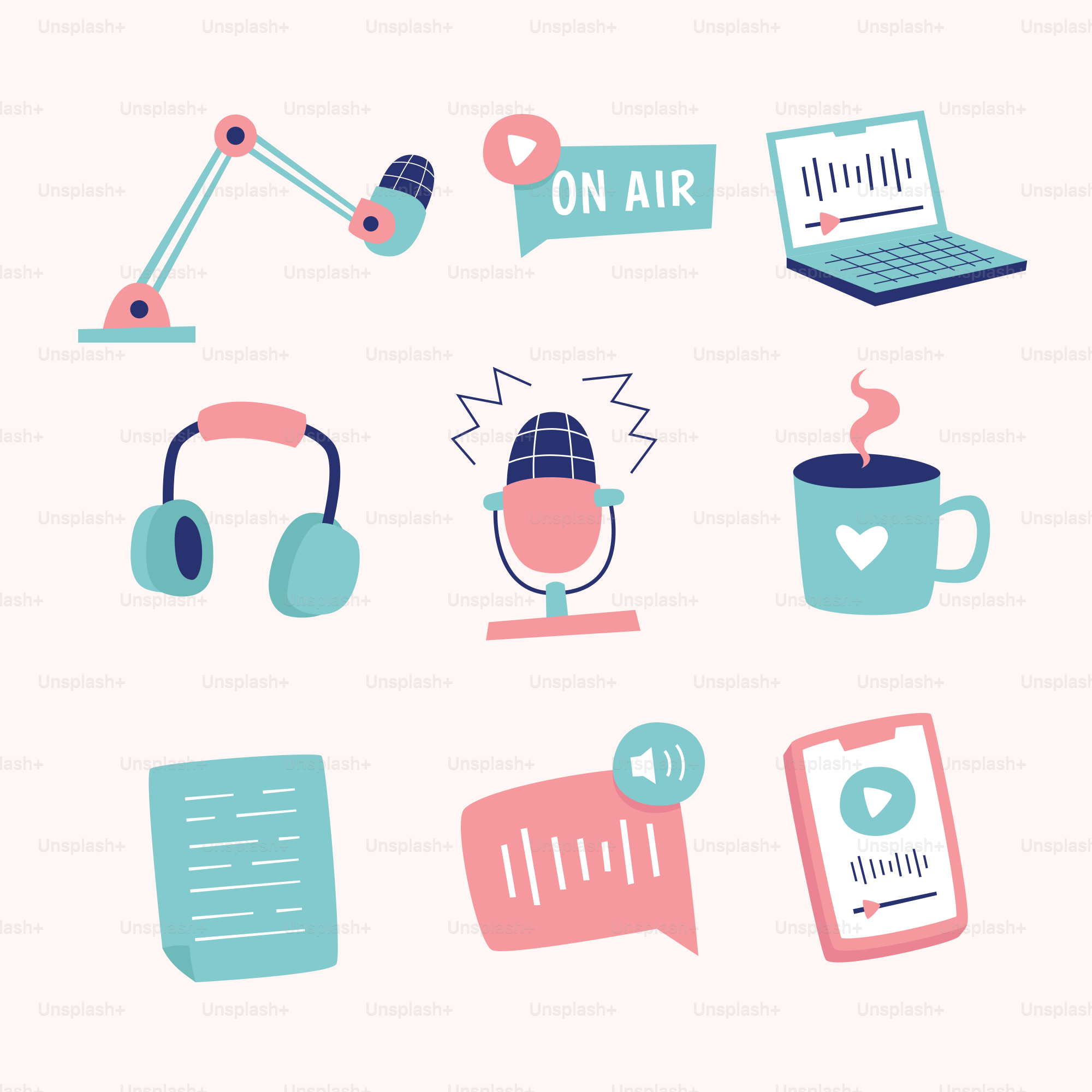 Podcast equipment and icons on a light background.
