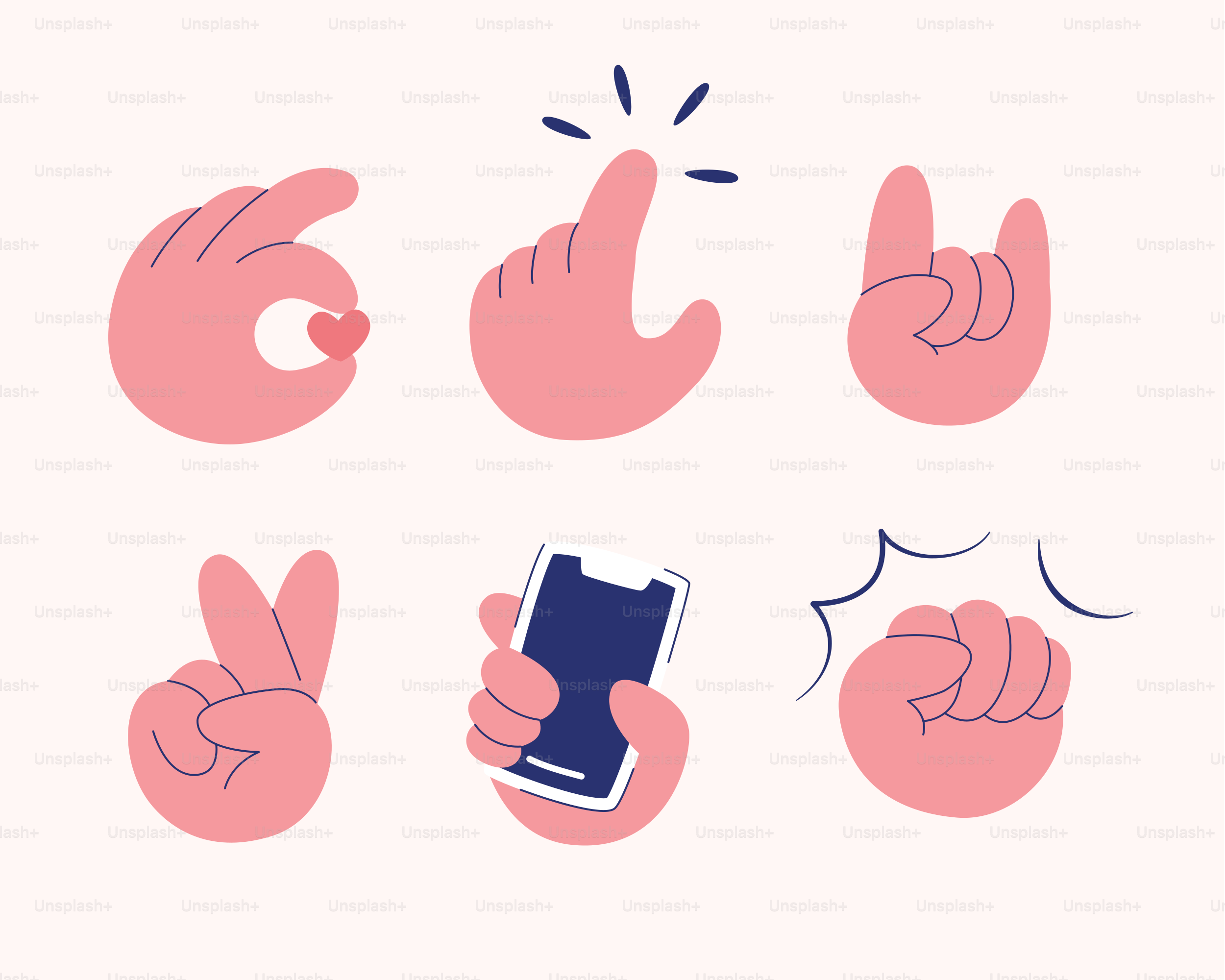 Sechs Cartoon-Hände, die unterschiedliche Gesten machen.