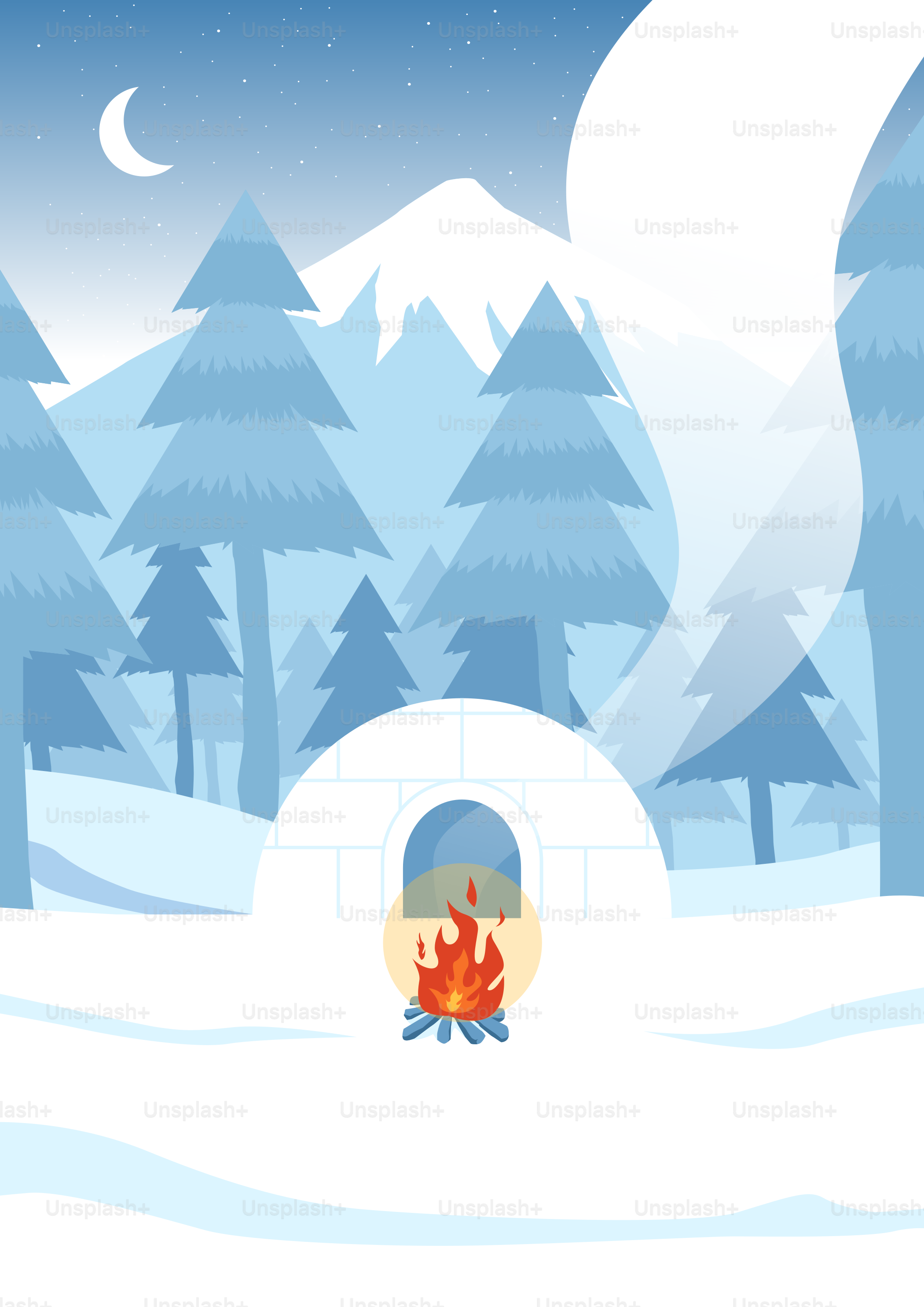 Igloo with campfire in snowy forest under moonlit sky