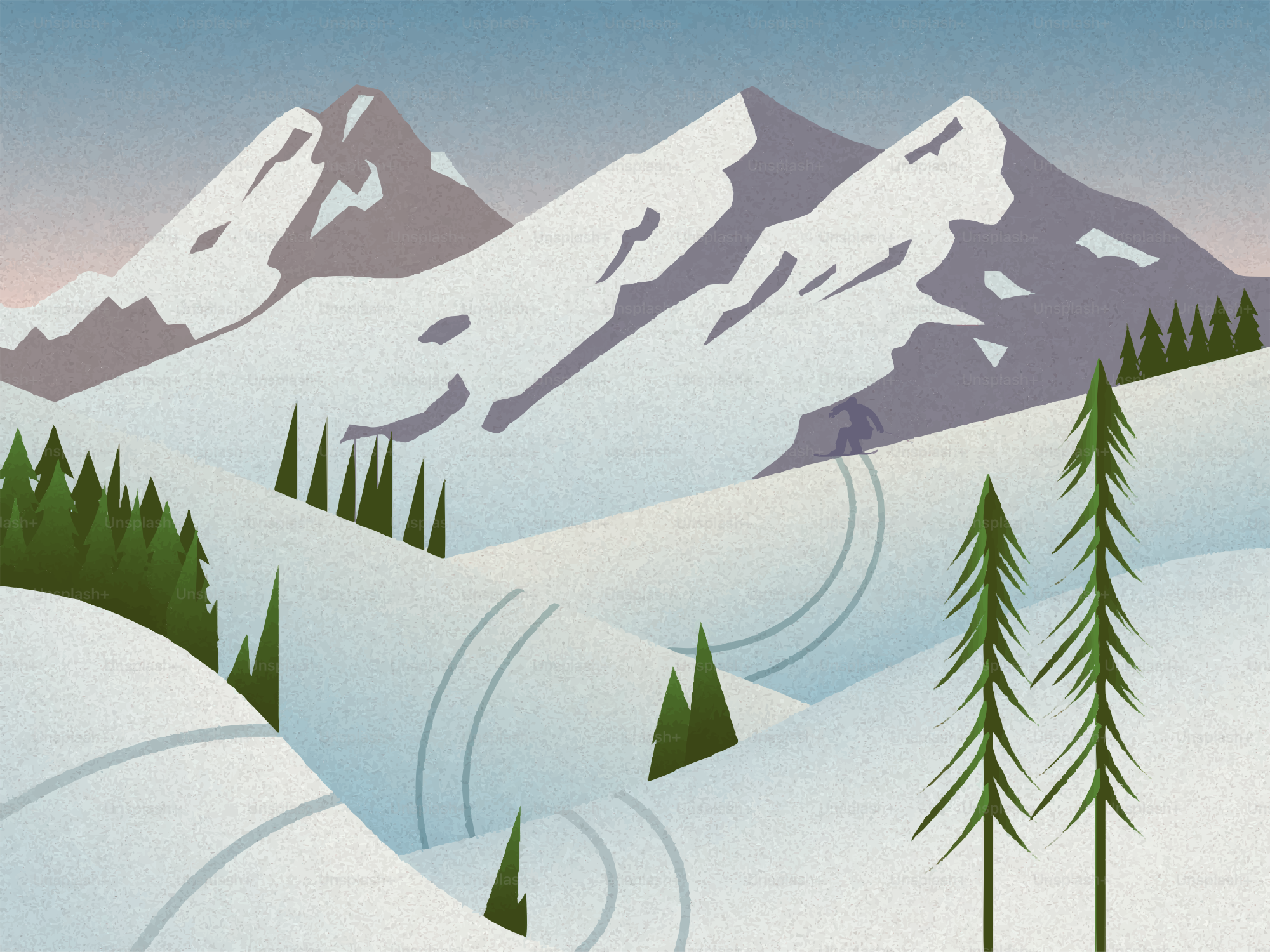 Paesaggio montano innevato con pini e piste da sci.