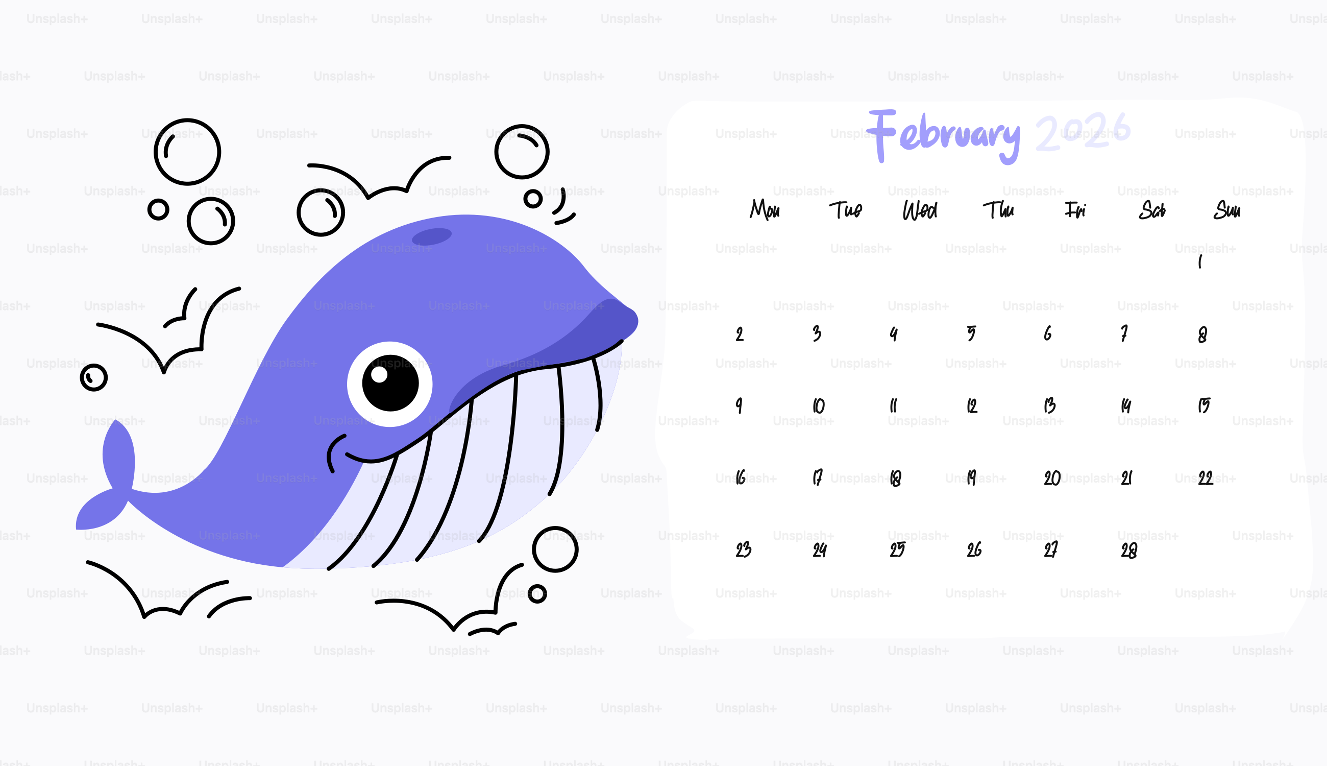 Cartoon whale next to a february calendar