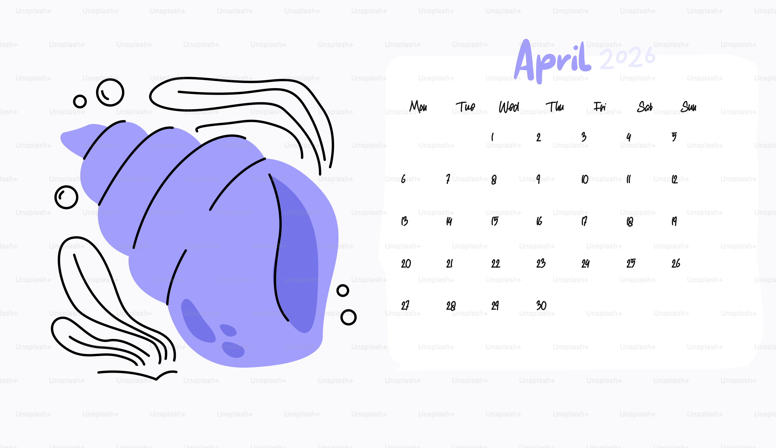 April calendar with a purple seashell illustration