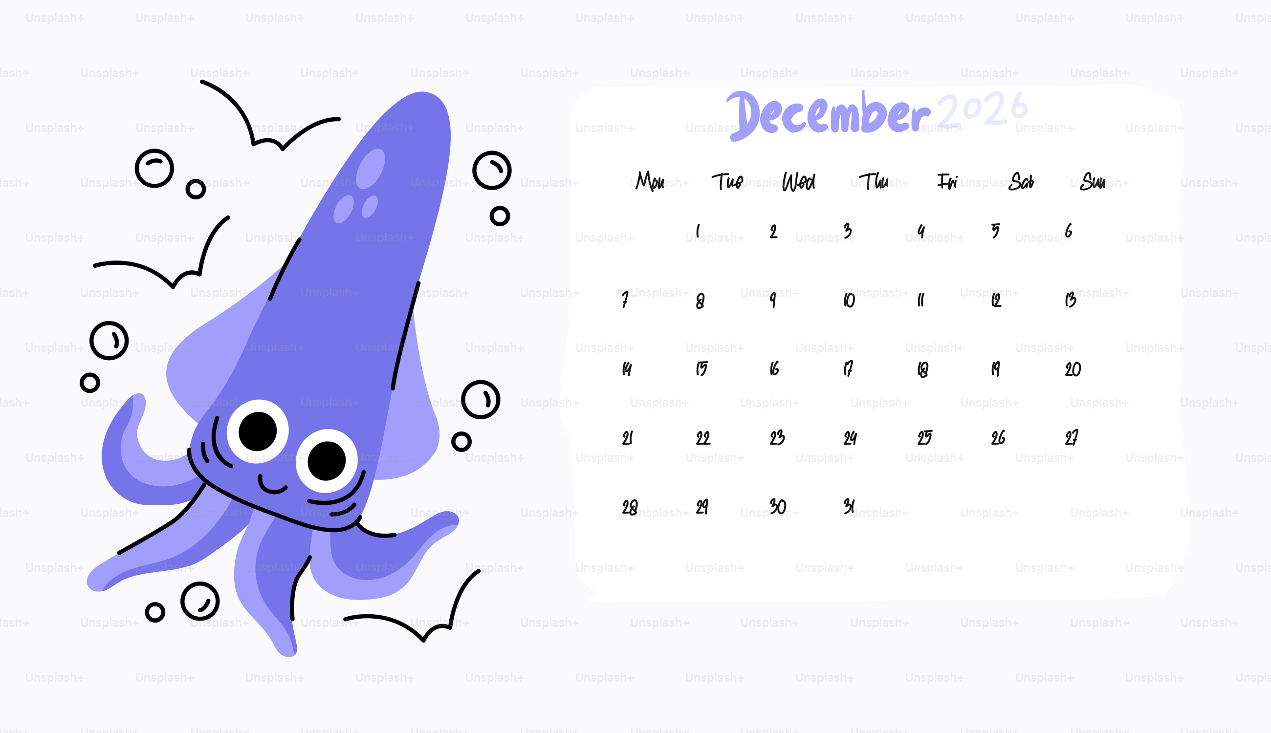 Cute cartoon squid next to december 2021 calendar