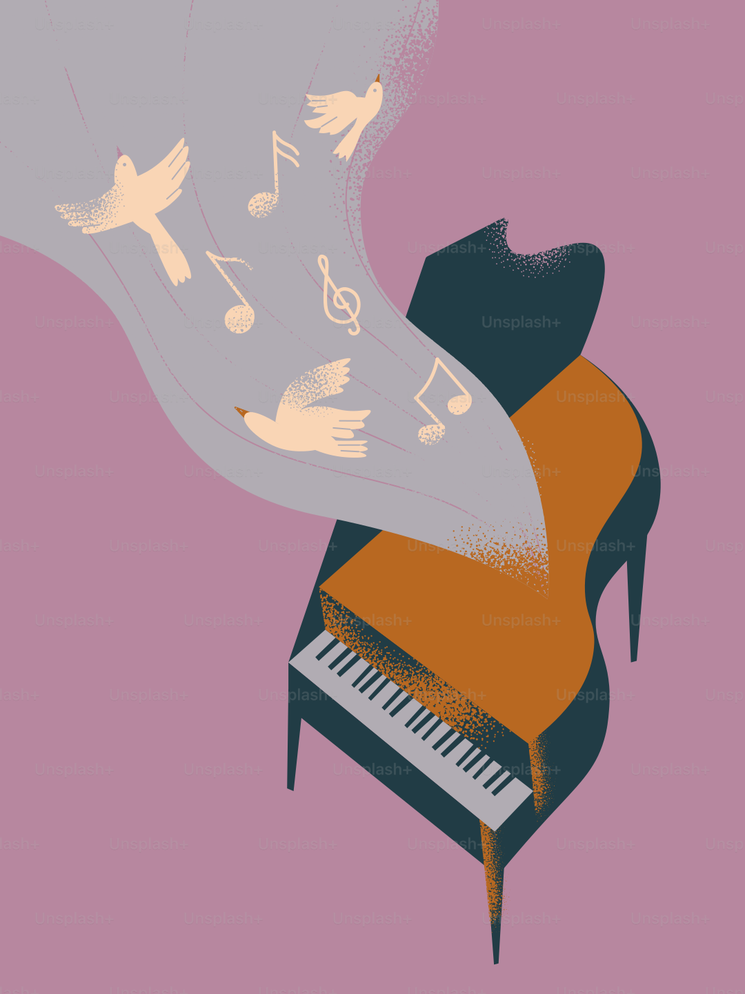 Grand piano dengan nada musik dan burung terbang