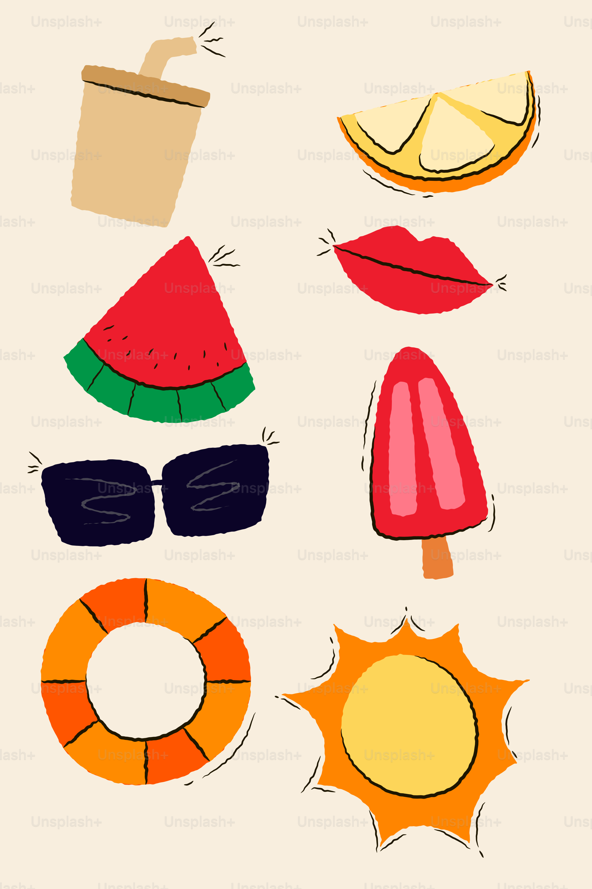 Summer icons: drink, fruit, lips, popsicle, sunglasses, sun.