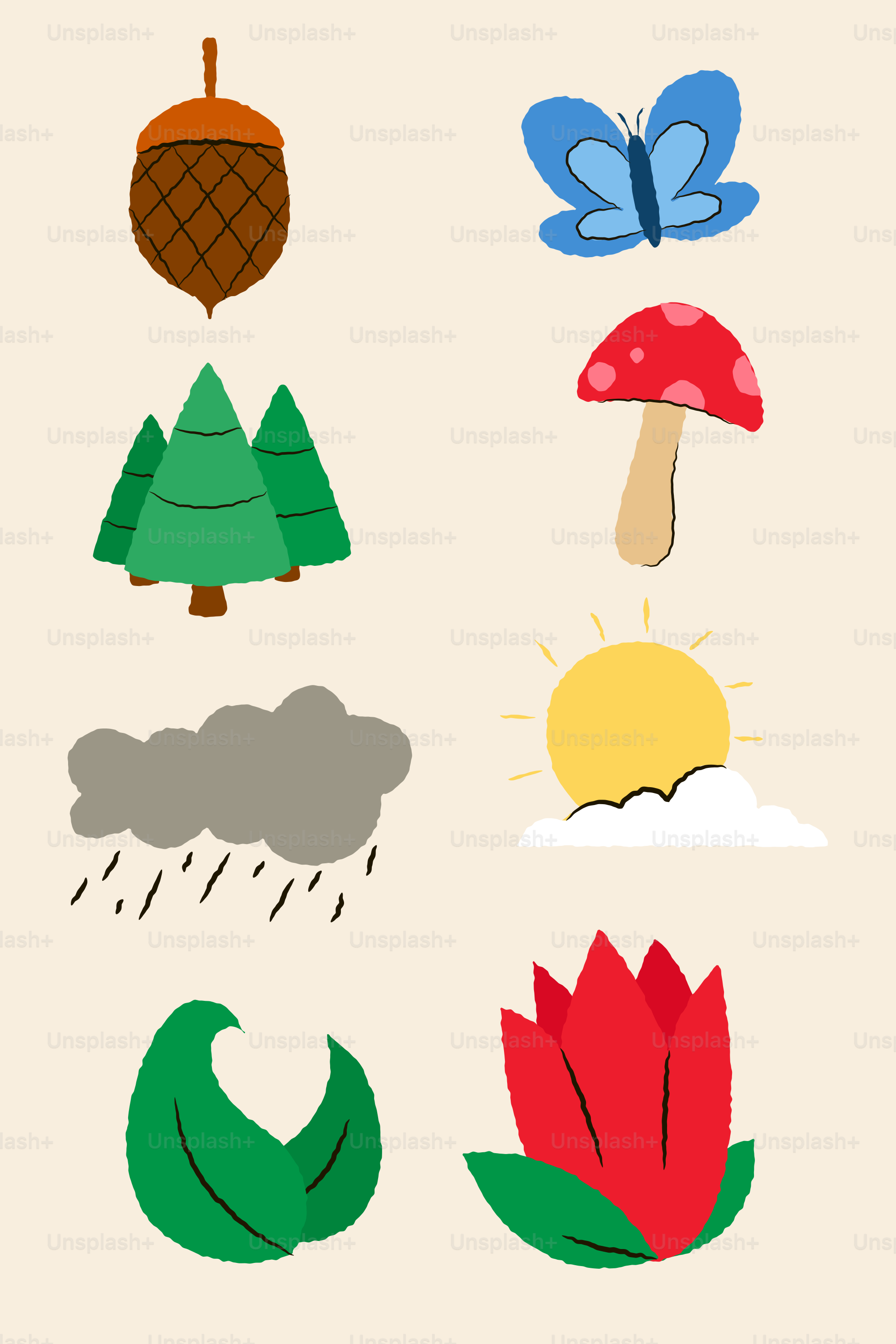 Elementos forestales que incluyen bellotas, árboles, hongos y mariposas