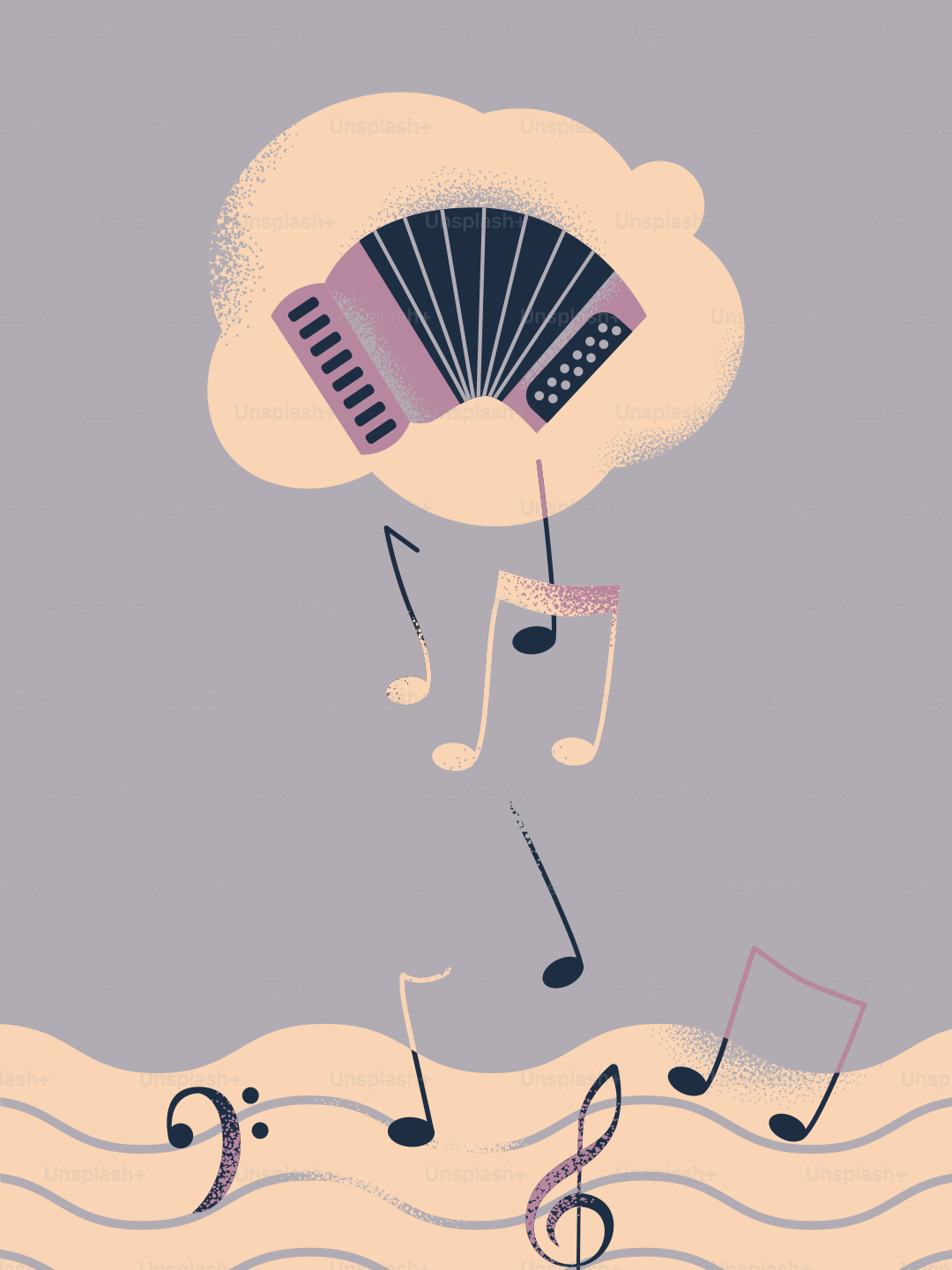 Accordéon et notes de musique flottant dans les nuages.