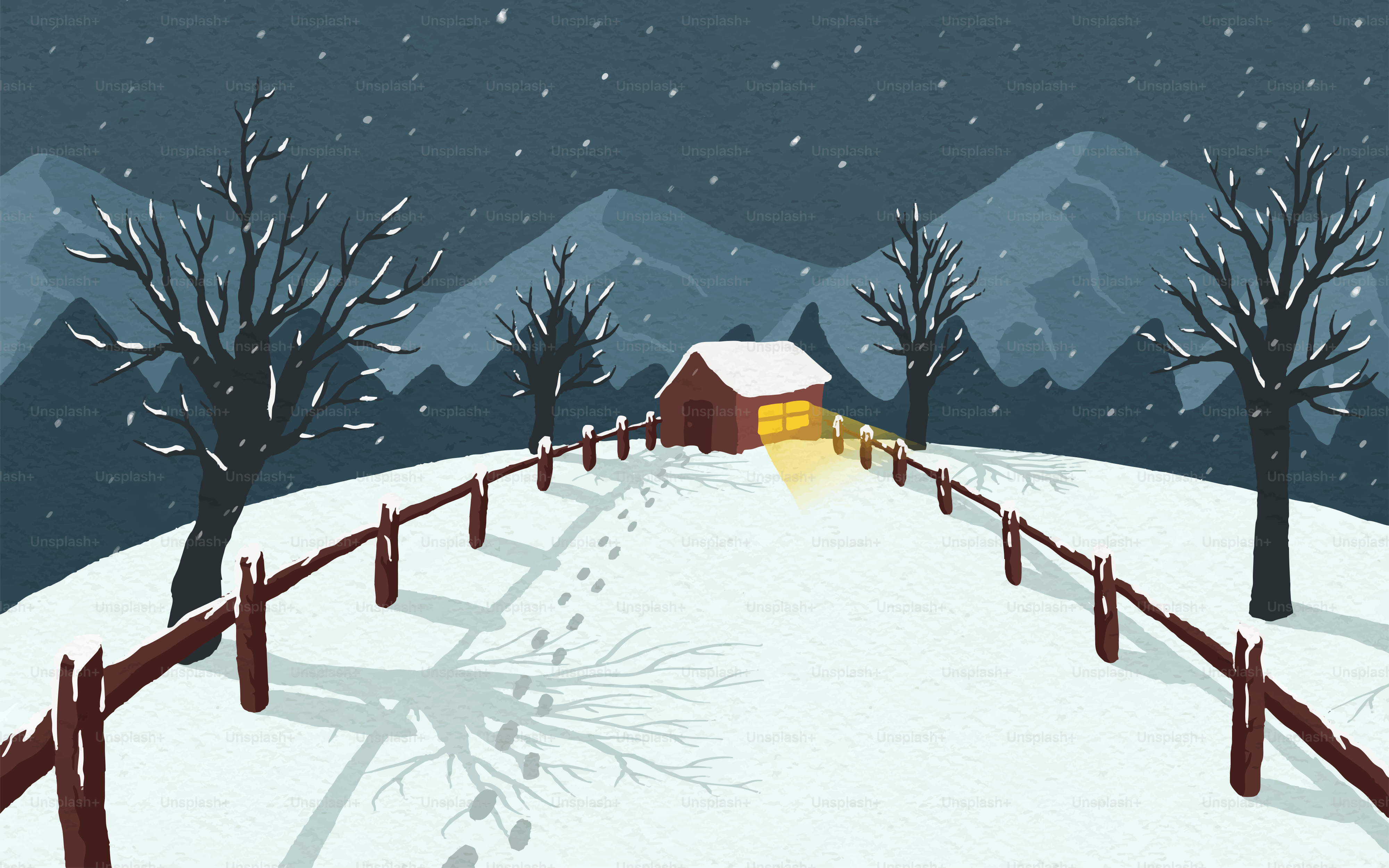 A snowy path leads to a cozy cabin at dusk.