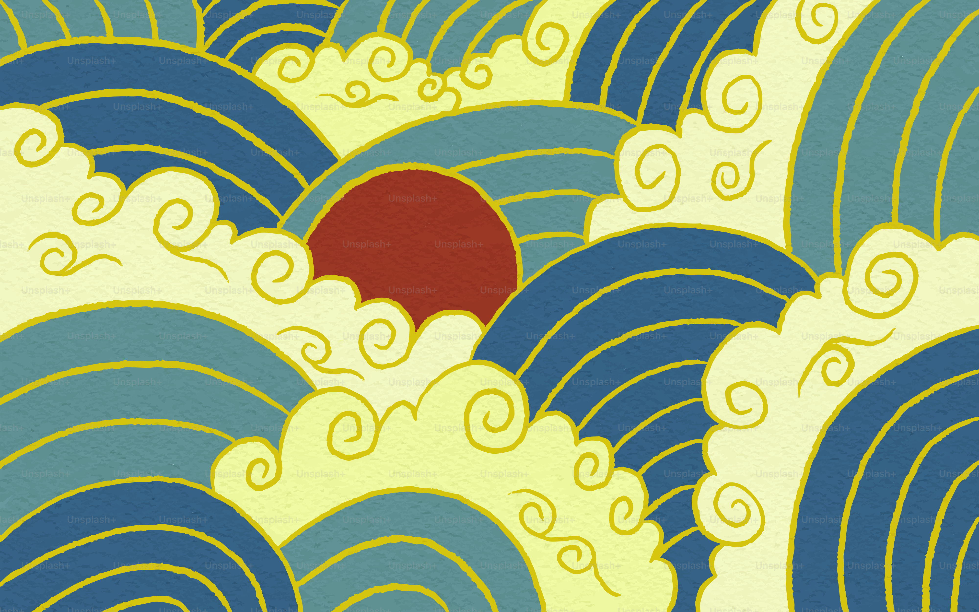 Stylized waves and clouds with a red sun.