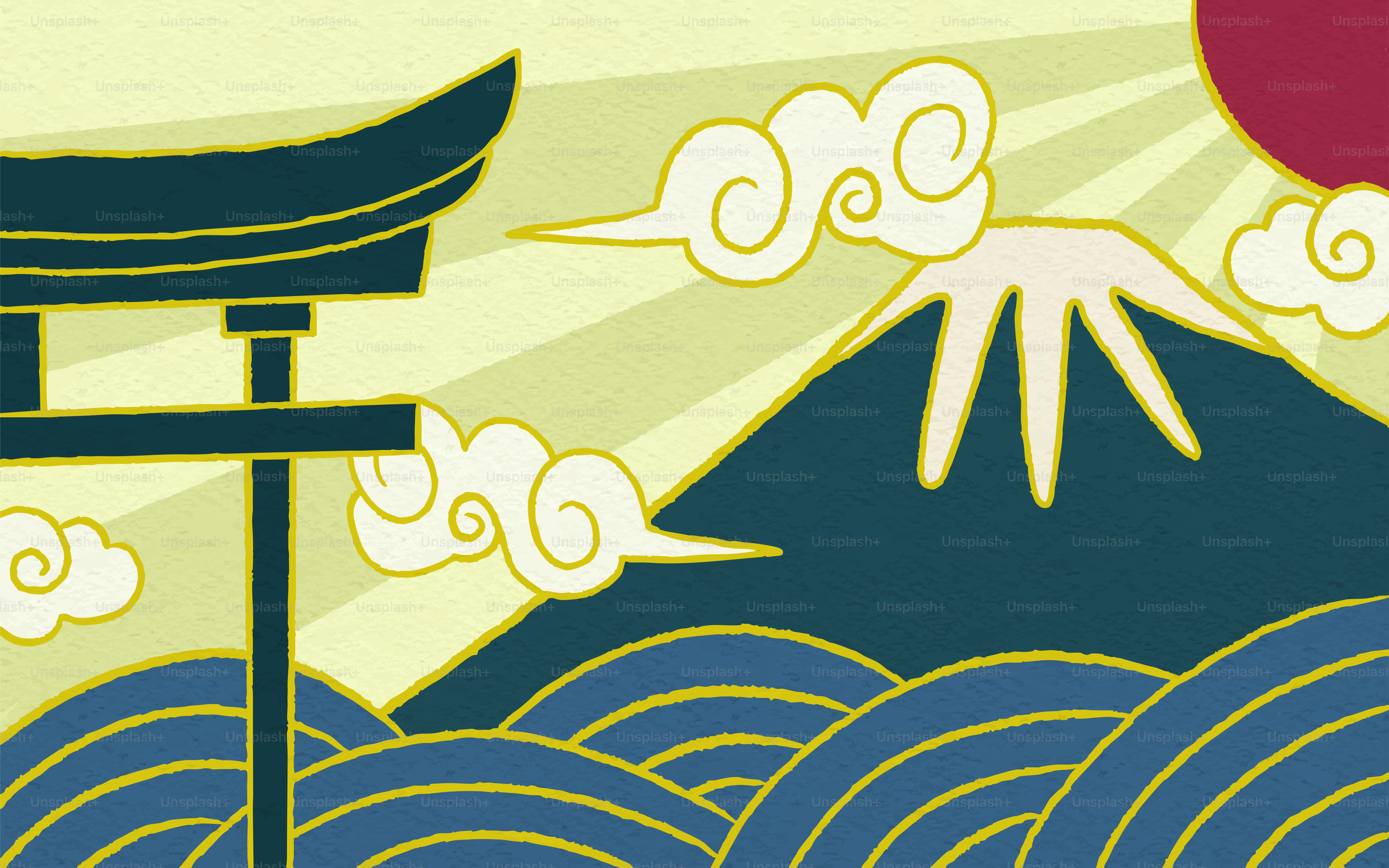 Mount fuji with a torii gate and sun