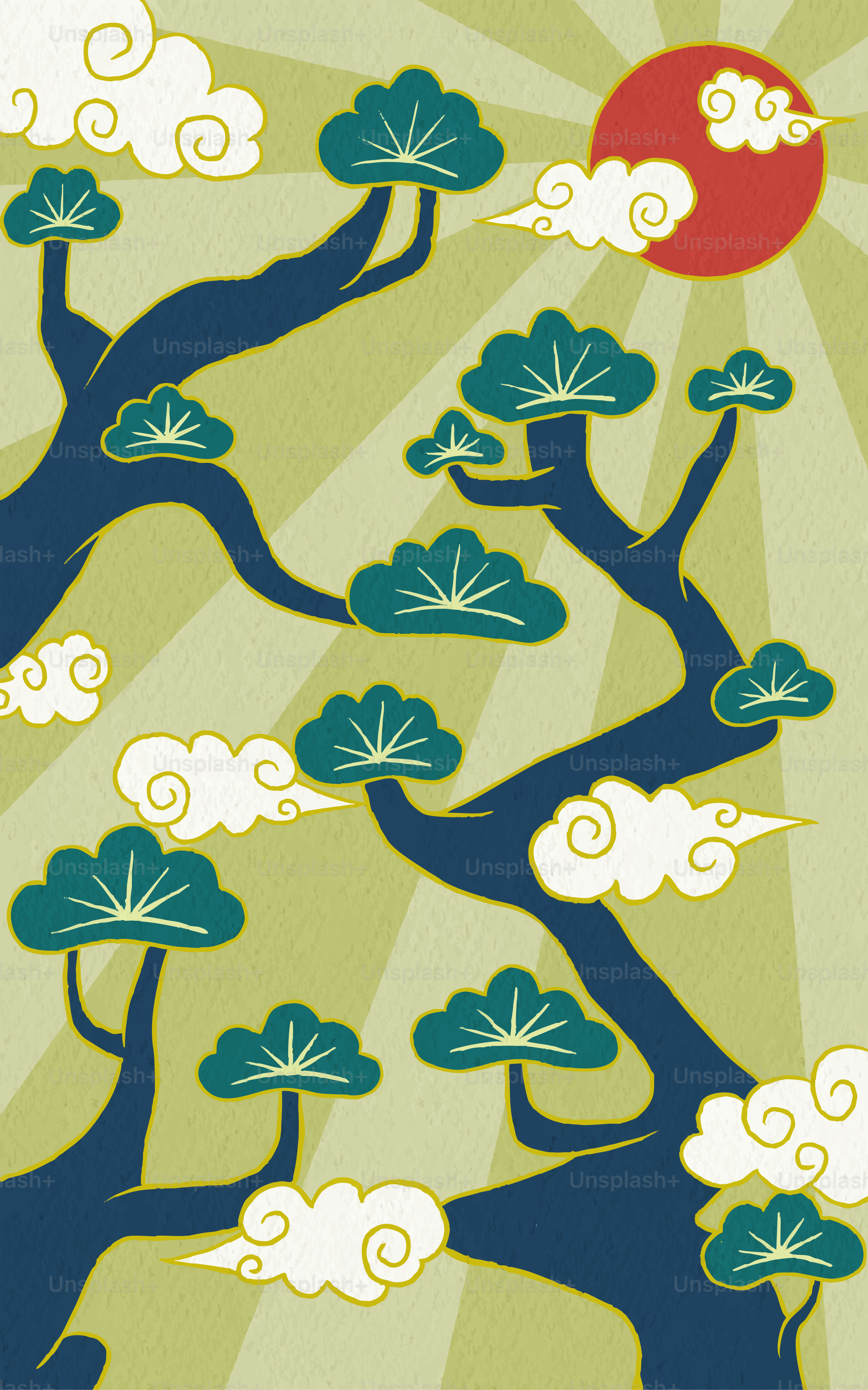Stylized trees with clouds and red sun