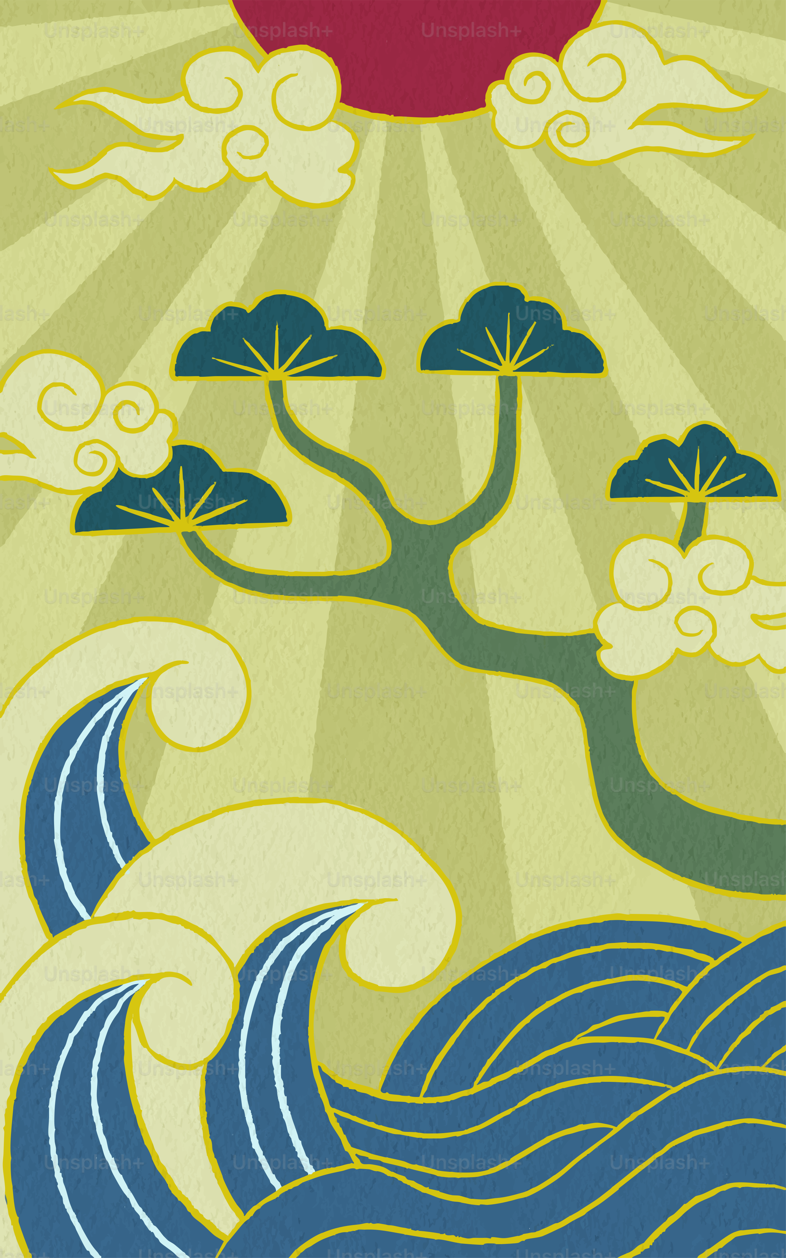 Stylized sun, clouds, pine tree, and ocean waves.