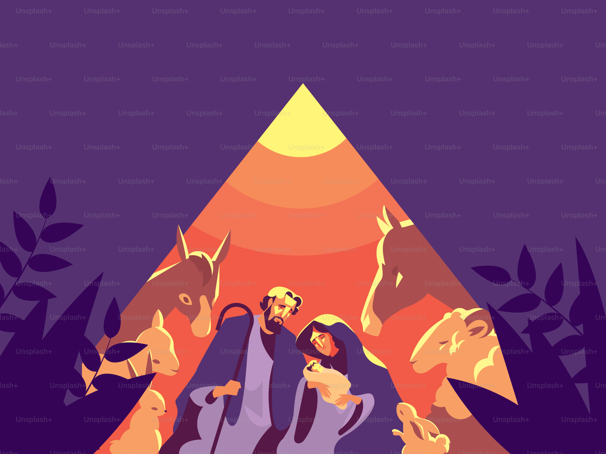 Nativity scene with mary, joseph, and animals under light.