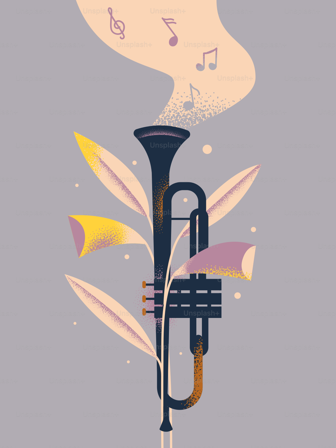 Tromba con note musicali e foglie su sfondo grigio