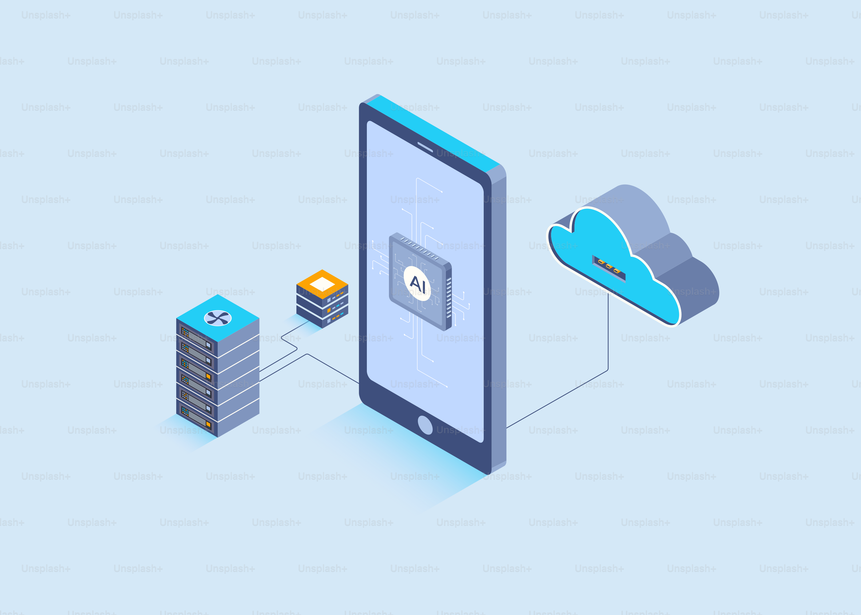 Smartphone conectado a almacenamiento en la nube y servidores.
