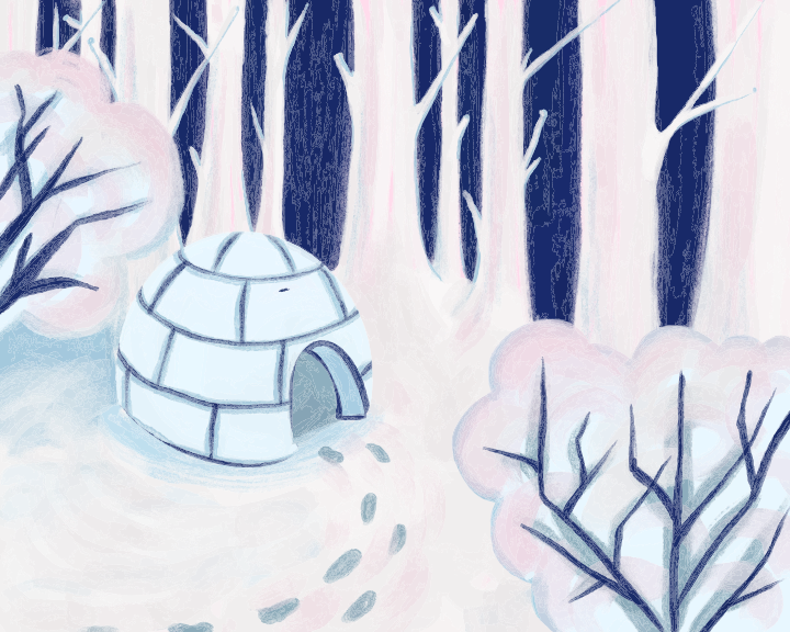 An igloo sits in a snowy forest with bare trees.