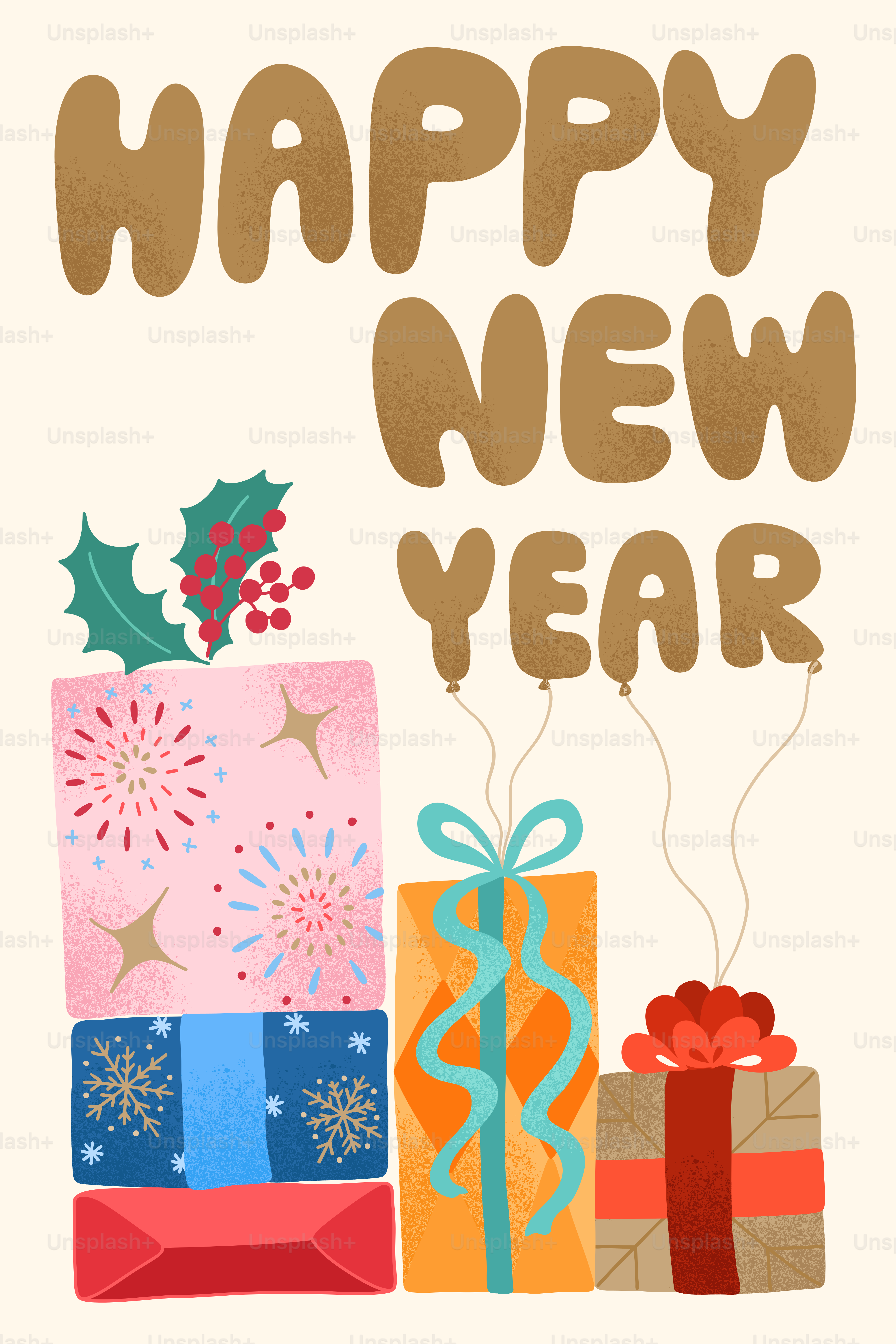 Feliz año nuevo con cajas de regalo festivas y decoraciones de acebo