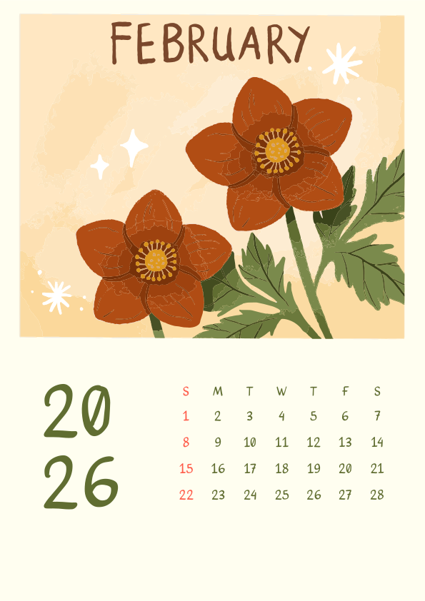 February 2026 calendar with orange flowers