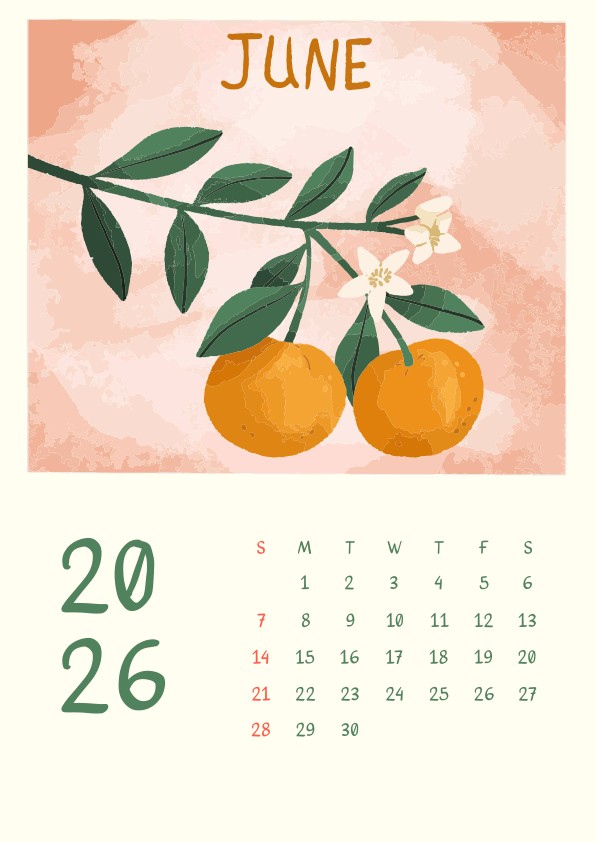 Calendario di giugno con arance e fiori su un ramo.