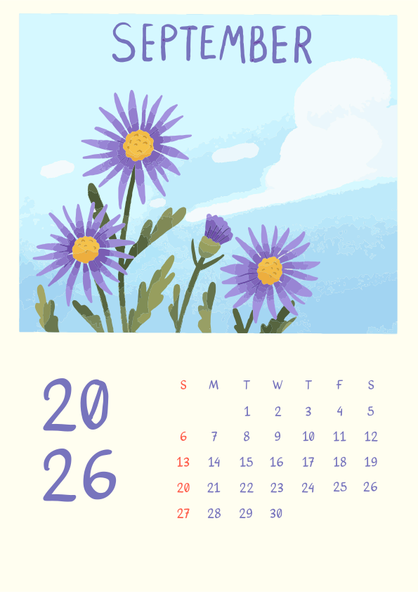 Purple flowers with a calendar for september 2026