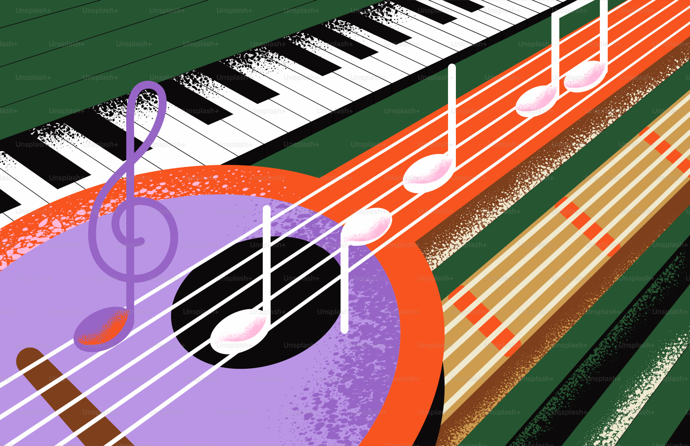 Notas musicales e instrumentos en diseño abstracto