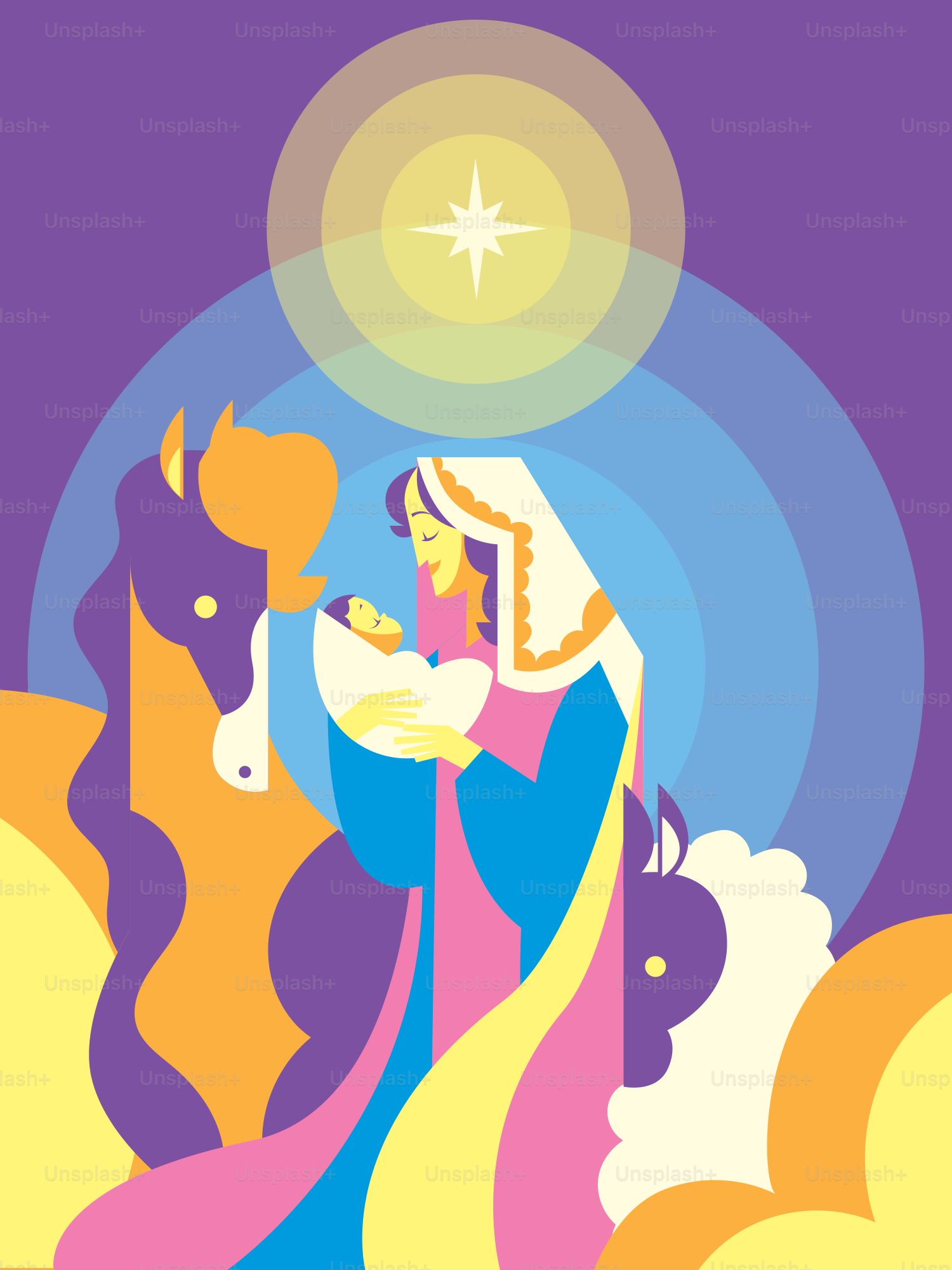 Mary holding baby jesus with a horse and star.