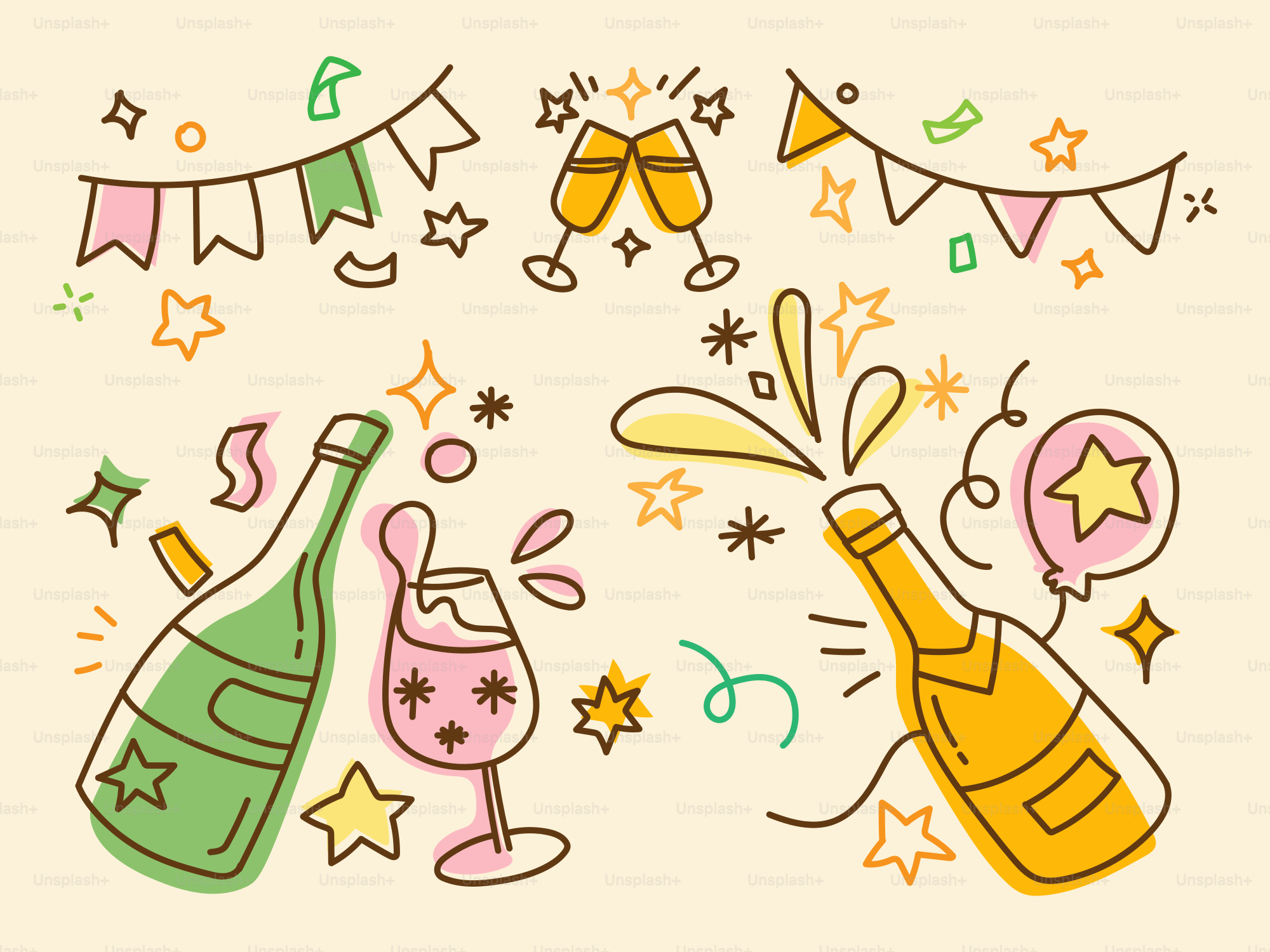 Celebración con botellas de champán, copas y confeti.