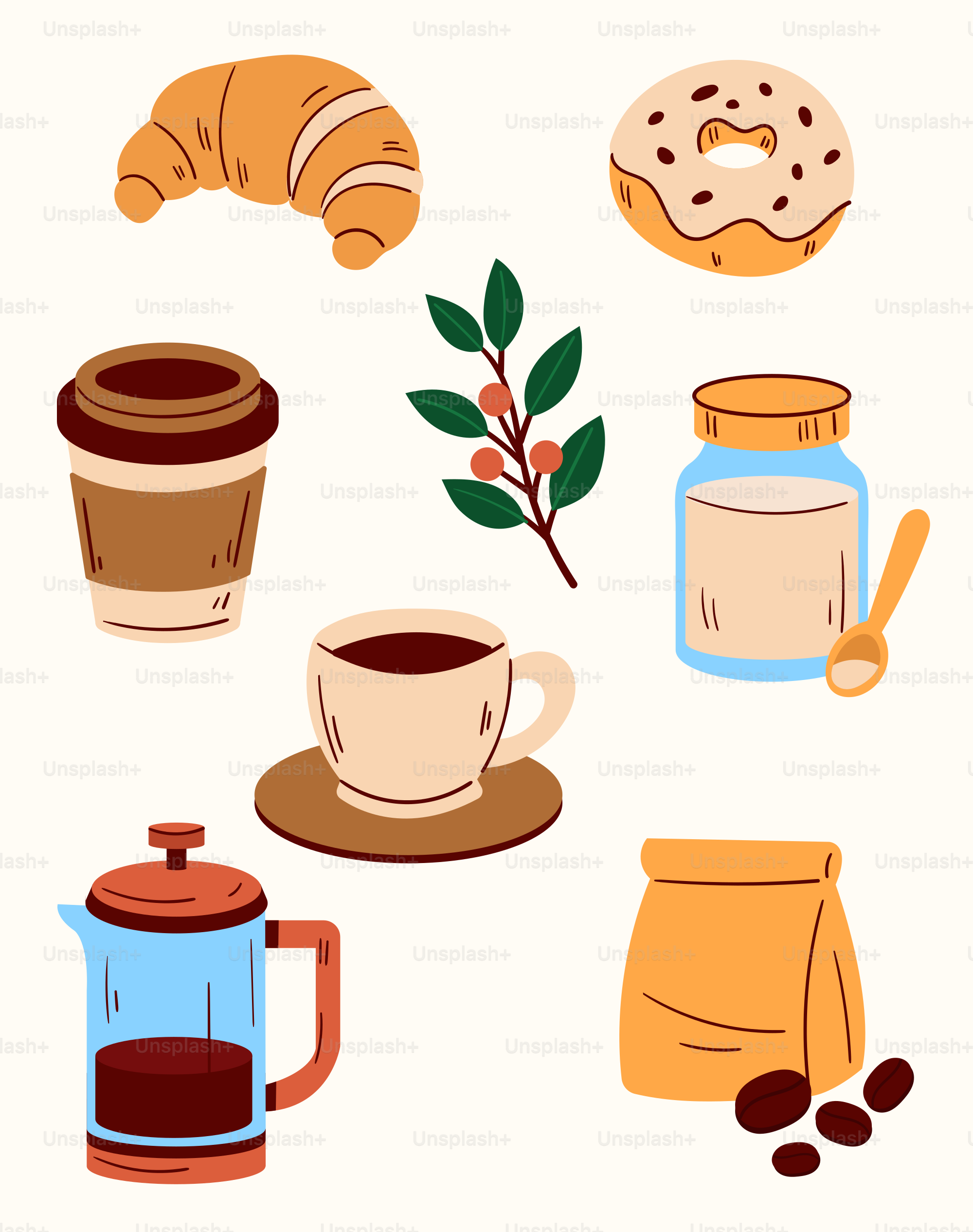 Kaffee- und Gebäck-Auswahl mit Frühstücksartikeln